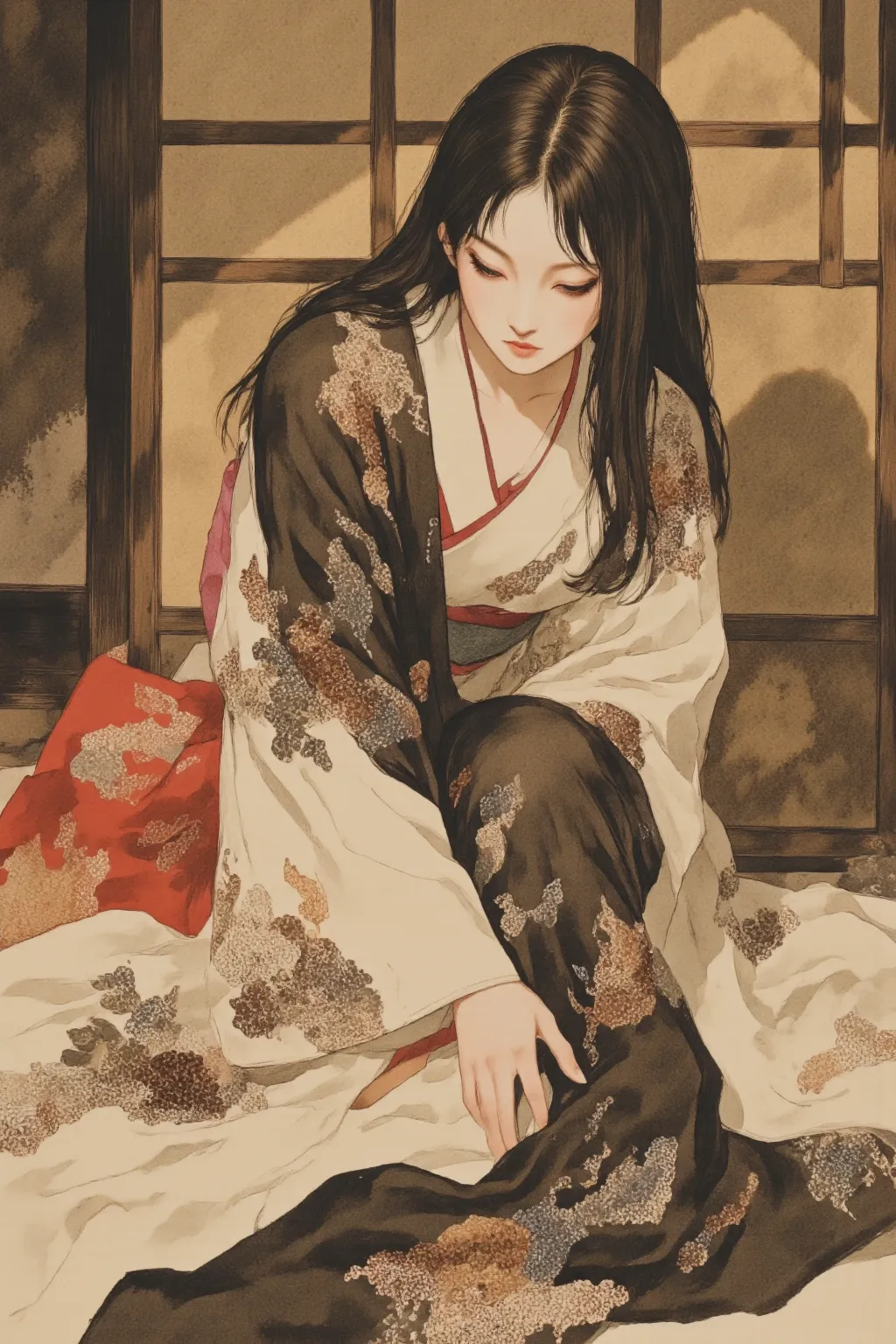 There is a woman in a kimono kneeling、with her head down and a sad expression、There is a woman in a kimono kneeling with a red accent on the sepia color、Balanced Composition、Realistic、Delicate Shading、Contrast of Light and Shadow、warm colors、painting-like illustration、Beautiful and Delicate Digital Art、Anime Art Nouveau、Korean Art Nouveau Anime、Japanese painting style、Woodblock print、bokeh、Beautiful Artwork Illustrations, Inspire Kano Motonobu、4K High Resolution、high quality、masterpiece