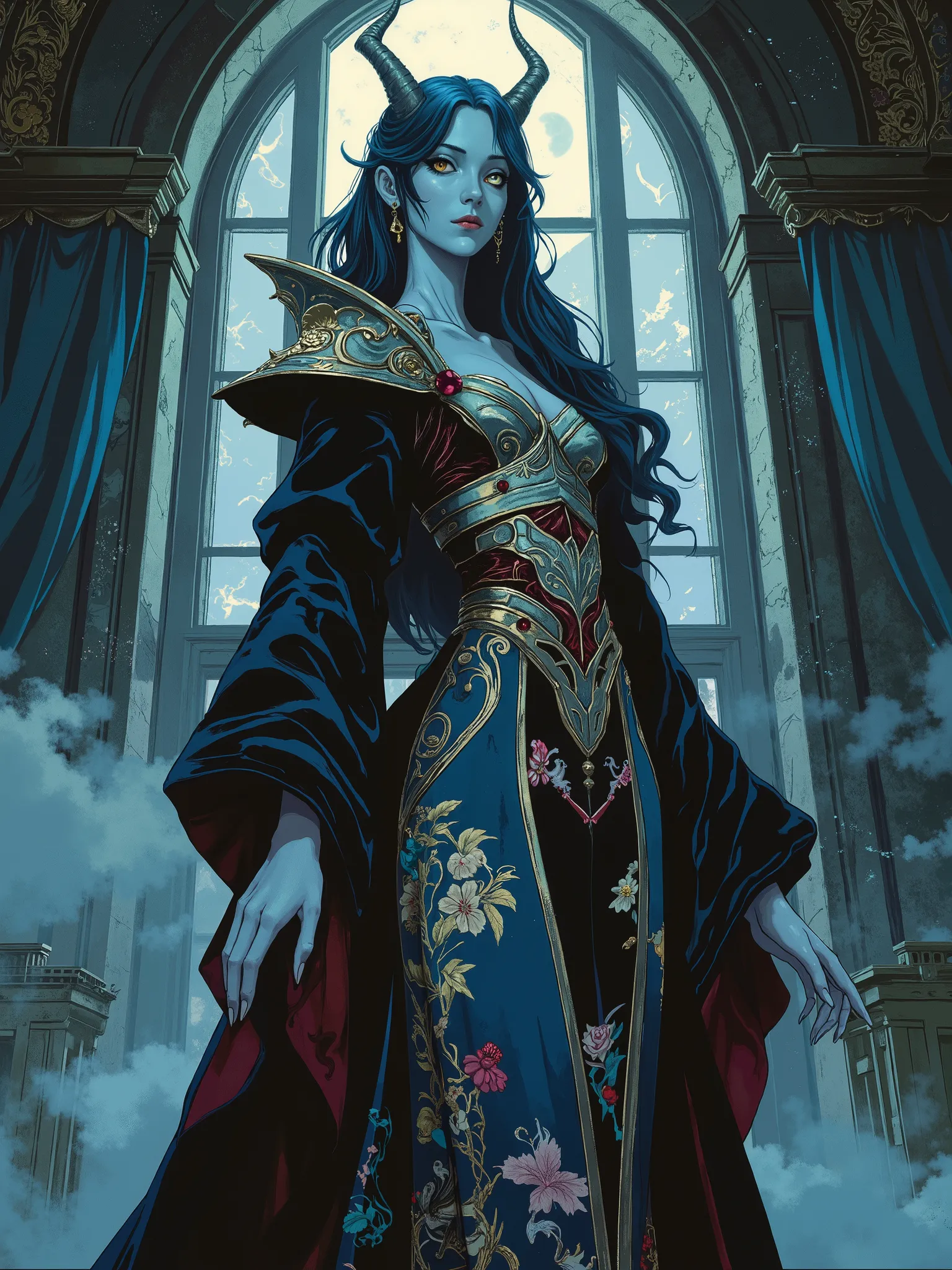 Hyper-realistic 8K photography, a hybrid style between Lady Dimitrescu's gothic elegance and baroque painterly lighting. A tall, slender female figure (elongated proportions: infinite legs, narrow torso, delicate hands but with sharp nails) dominates the s...