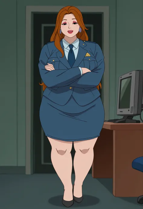 Debra, huge saggy breasts. Pale red lipstick, brown hair,black eyes, pale red makeup, long hair, thick hips, chubby, overweight, mature woman. | old,oldest,1girl,peacestreamer, solo,  jacket,uniform,formal,necktie,pencil skirt,high heels,happy,:d,full body...
