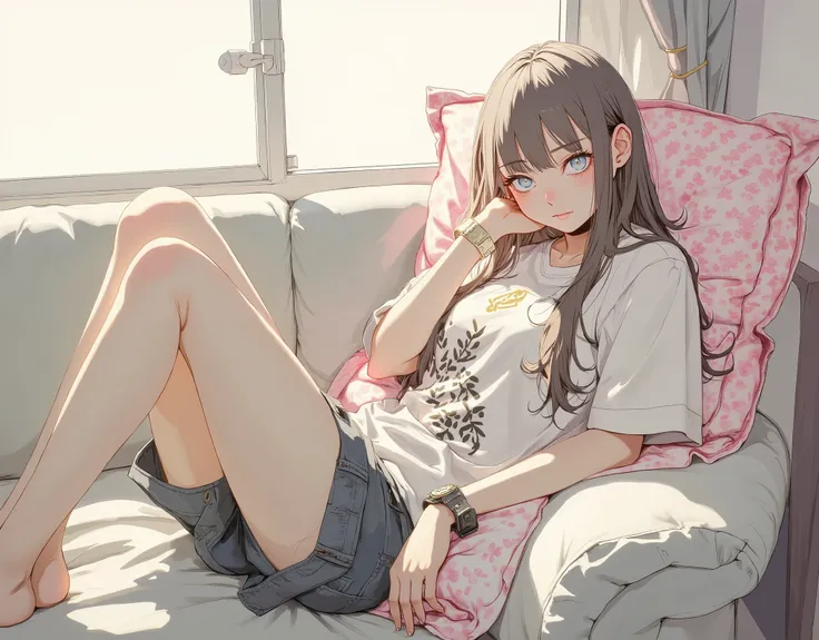 (masterpiece:1.2),(Top quality),(Super Detailed),(Ultra high resolution),(Top quality),8k,Wallpaper,sunny room、woman laying ソファ with her legs crossed and her head resting on a pillow, Relax on the couch, relaxing sit on the couch, she is Lie on your backに寝...