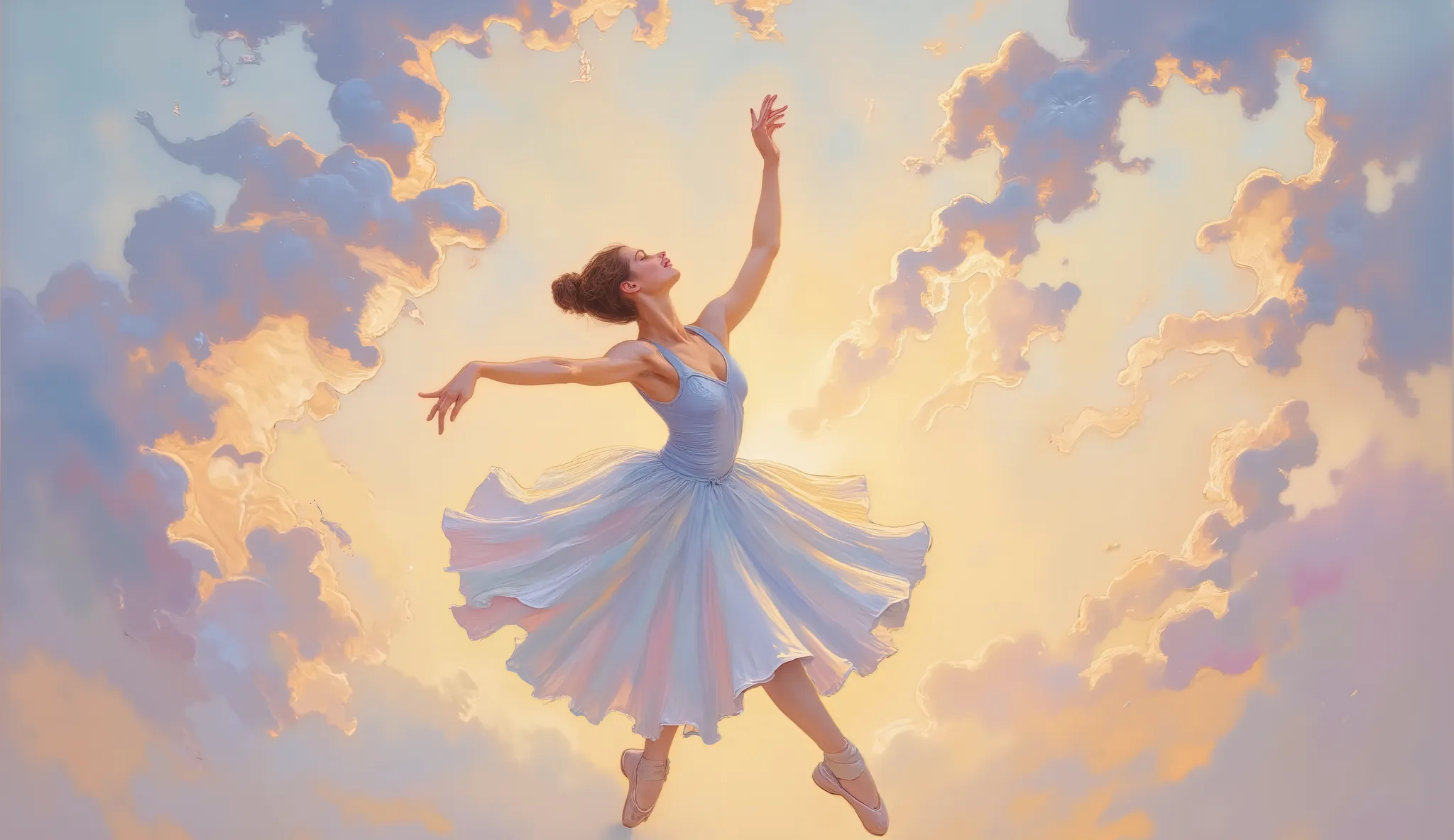 Elegant ballet dancer in flowing white tutu twirling gracefully among ethereal clouds, suspended in a dreamlike atmosphere, sunset sky with scattered cloud formations, soft golden hour lighting with diffused pastel hues, painted in the style of Claude Mone...