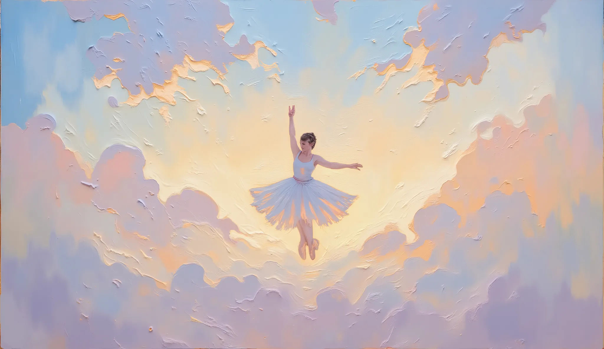 Elegant ballet dancer in flowing white tutu twirling gracefully among ethereal clouds, suspended in a dreamlike atmosphere, sunset sky with scattered cloud formations, soft golden hour lighting with diffused pastel hues, painted in the style of Claude Mone...