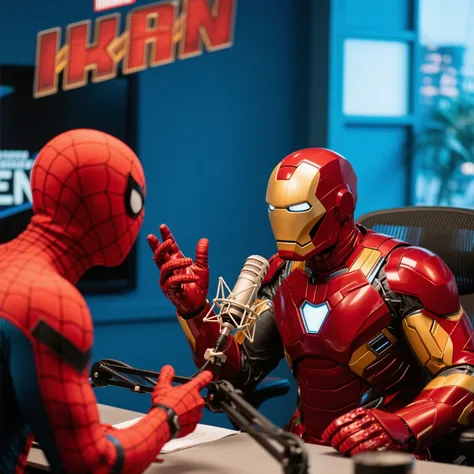 So Iron Man is sitting in front of the microphone (on the studio's podcast) and he's interviewing Spider-Man,