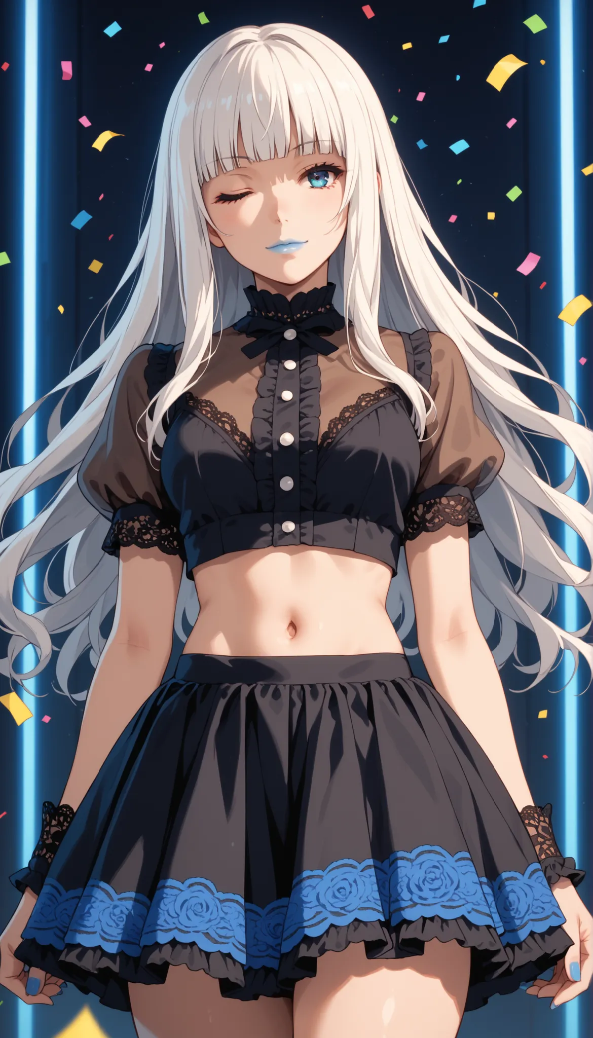 Score_9, score_8_up, score_7_up, score_6_up, source_anime, rating:general, 1girl, kirari momobami, white hair, long flowing hair, hime cut, blunt bangs, blue eyes, Sanpaku eyes, pale skin, round face, cute face, slender build, medium sized breasts, thick t...