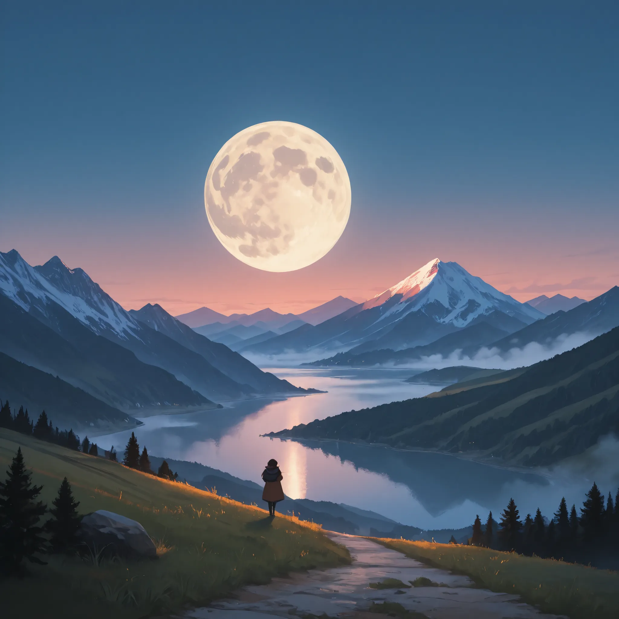 Mountainous landscape with the big moon behind bright