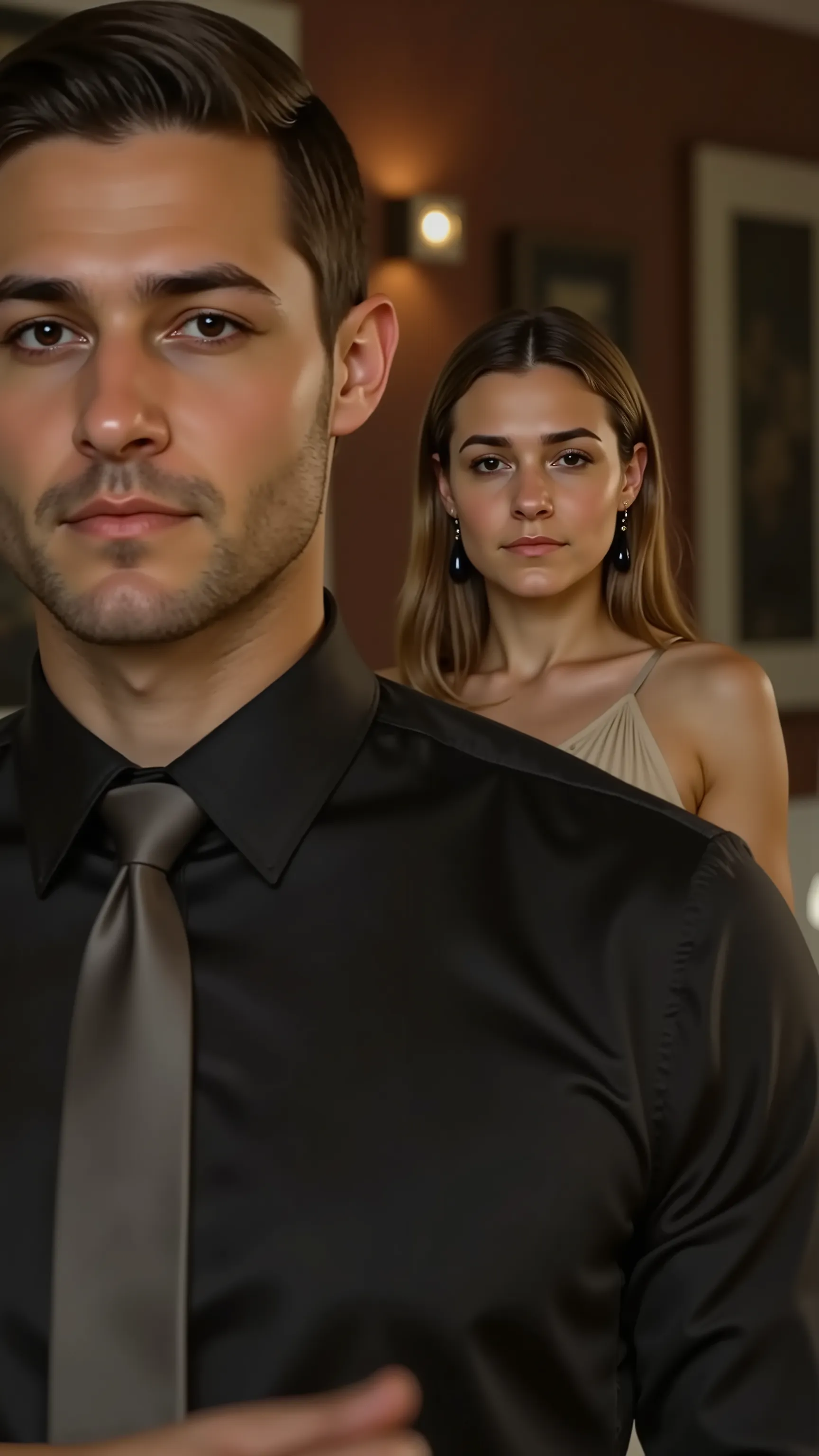 A composition with two characters both facing directly toward the camera in a bright, predominantly white interior setting. In the foreground on the left side stands a 30-year-old muscular male (Character 3) with black short hair, side-parted pompadour sty...