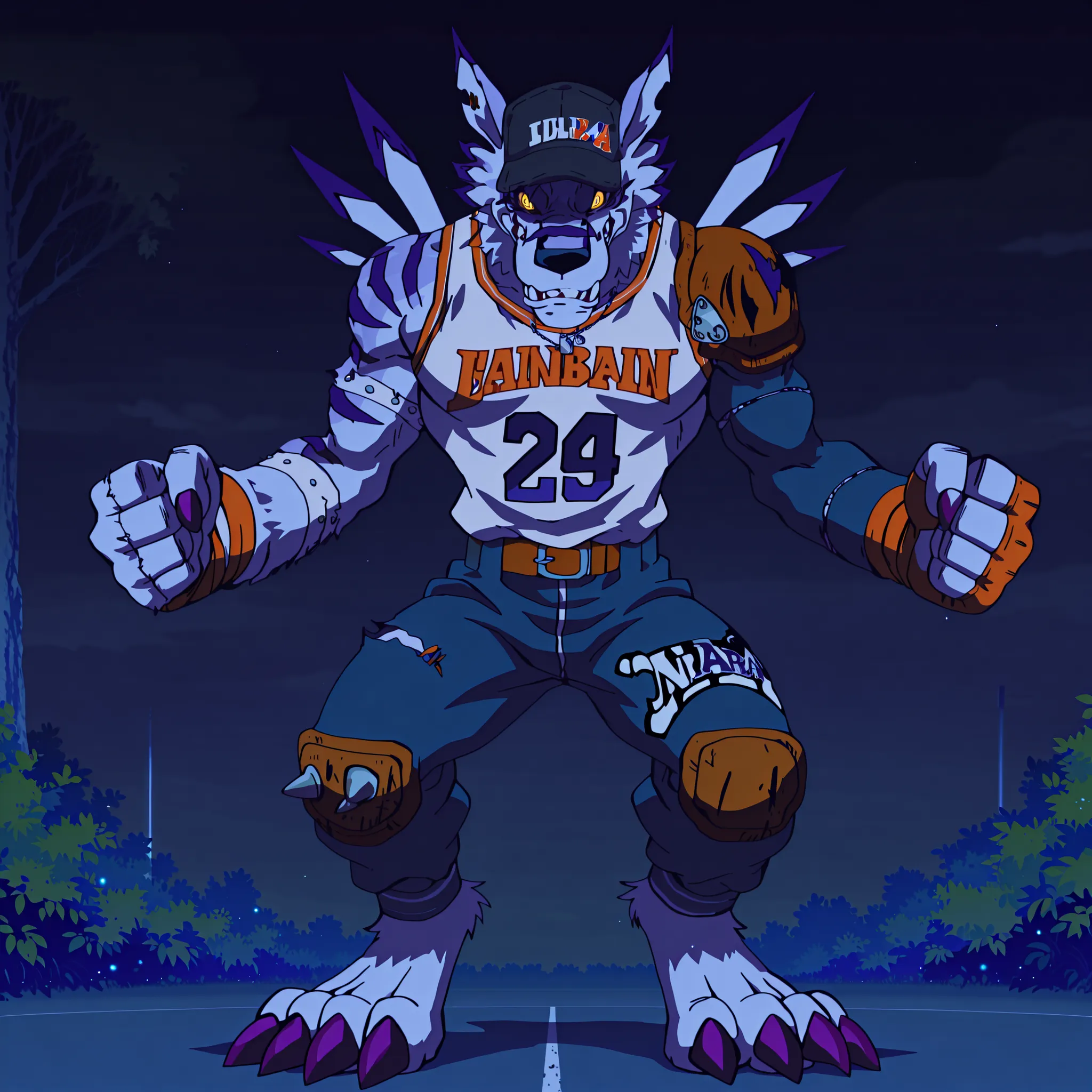 masterpiece, best quality, amazing quality, weregmonil, anthro, male, wolf, light blue fur, yellow eyes, dark blue stripes, purple claws, ripped blue jeans jorts with a spiked knee-pad on the right leg, a leather pauldron on left shoulder, blue arm sleeve...