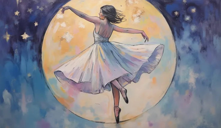 Elegant ballet dancer in flowing white tutu twirling gracefully among the moon, suspended in a dreamlike atmosphere, night sky with stars, soft moonlight, painted in the style of Claude Monet and Edgar Degas, French Impressionism, oil painting on canvas, f...