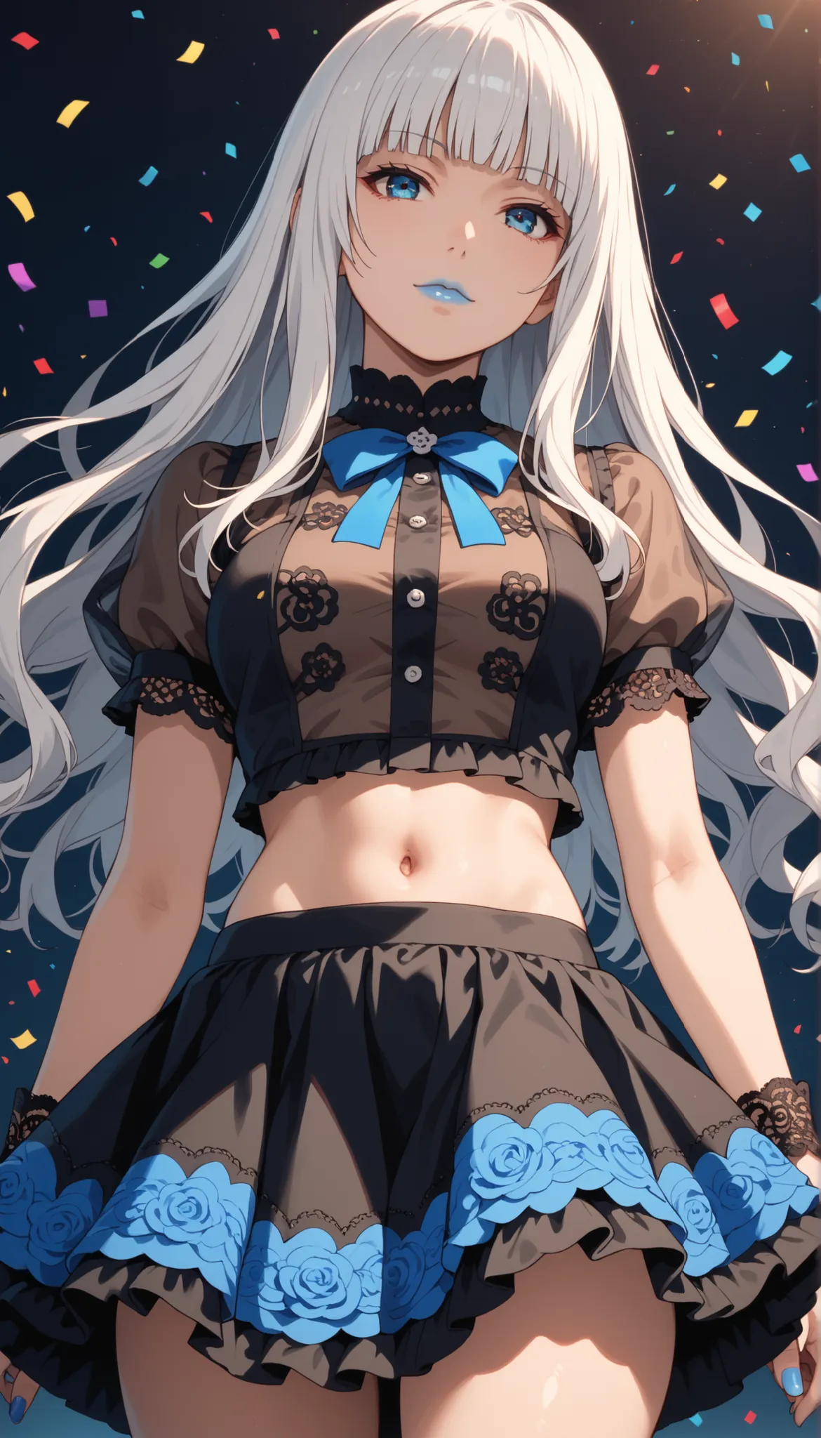 Score_9, score_8_up, score_7_up, score_6_up, source_anime, rating:general, 1girl, kirari momobami, white hair, long flowing hair, hime cut, blunt bangs, blue eyes, Sanpaku eyes, pale skin, round face, cute face, slender build, medium sized breasts, thick t...