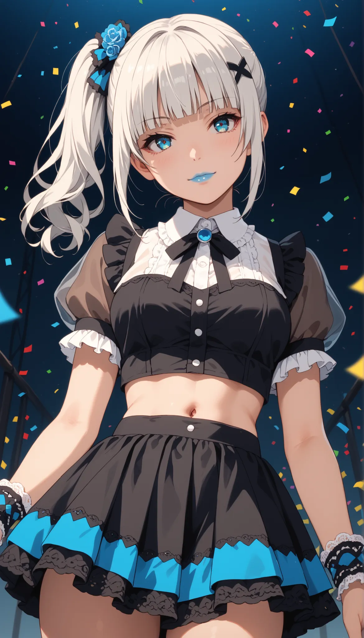 Score_9, score_8_up, score_7_up, score_6_up, source_anime, rating:general, 1girl, kirari momobami, white hair, side ponytail, hime cut, blunt bangs, blue eyes, Sanpaku eyes, pale skin, round face, cute face, slender build, medium sized breasts, thick thigh...
