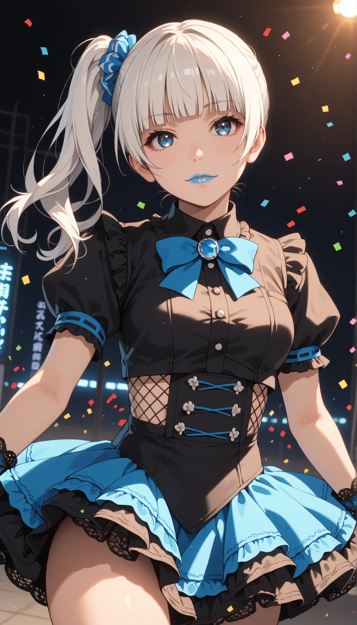 Score_9, score_8_up, score_7_up, score_6_up, source_anime, rating:general, 1girl, kirari momobami, white hair, side ponytail, hime cut, blunt bangs, blue eyes, Sanpaku eyes, pale skin, round face, cute face, slender build, medium sized breasts, thick thigh...