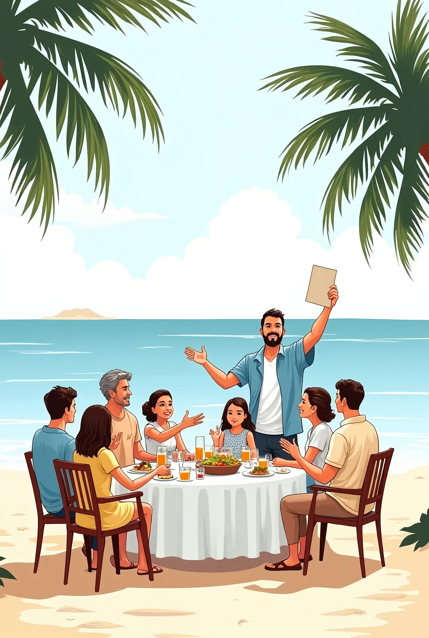 A family gathers at an outdoor dining table for a meal by the beach. The setting is idyllic, with palm trees waving gently on the shoreline and a few fluffy clouds dotting the sky. The group consists of two adults, two s , and an elder, all comfortably sea...