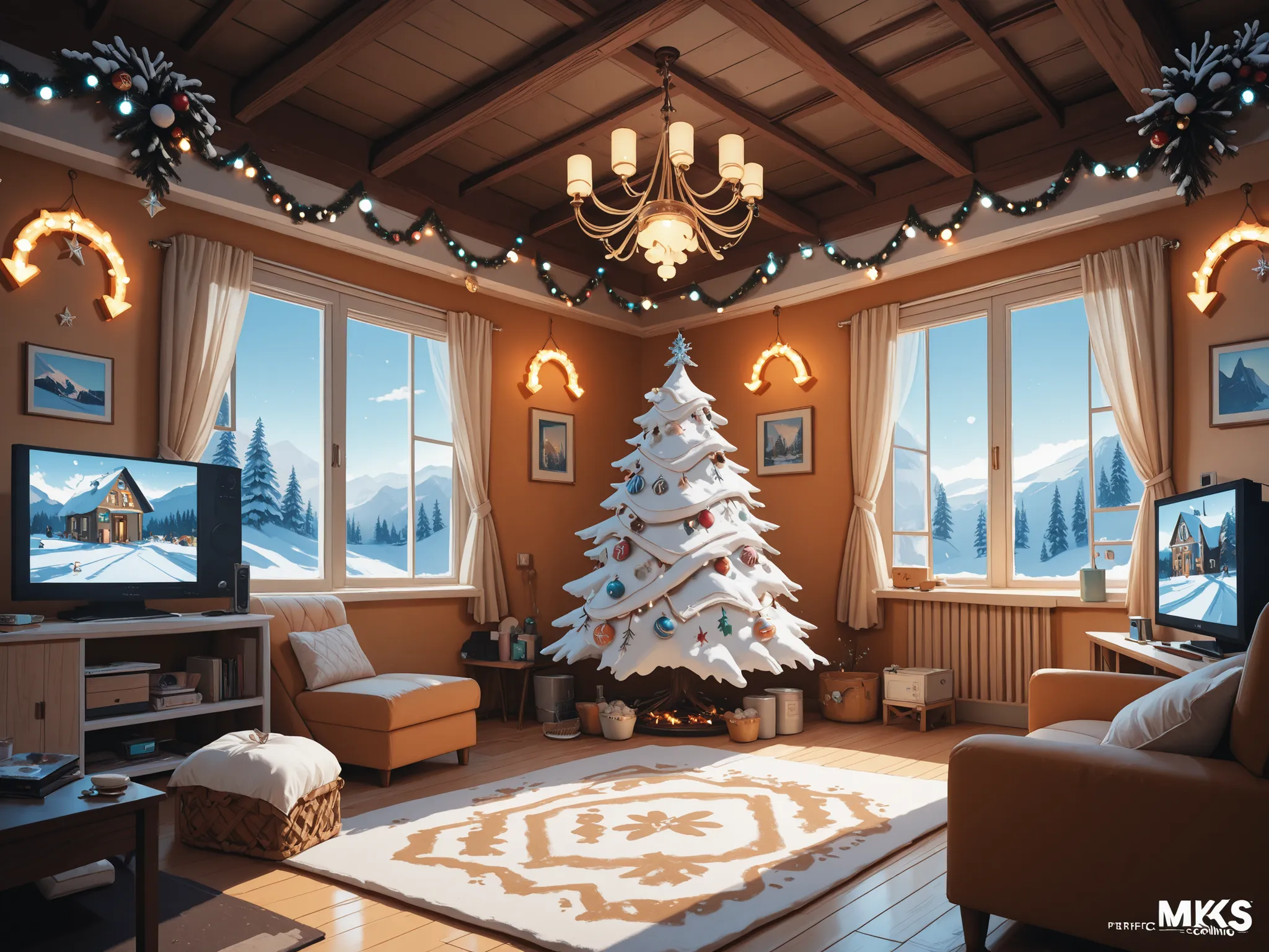 Conceptart,Concept Art,Samia, room, scenery, tv, winter is coming, indoors, winter season, sky, day, wall decorations, flour decorations, mksks style, best quality, perfect