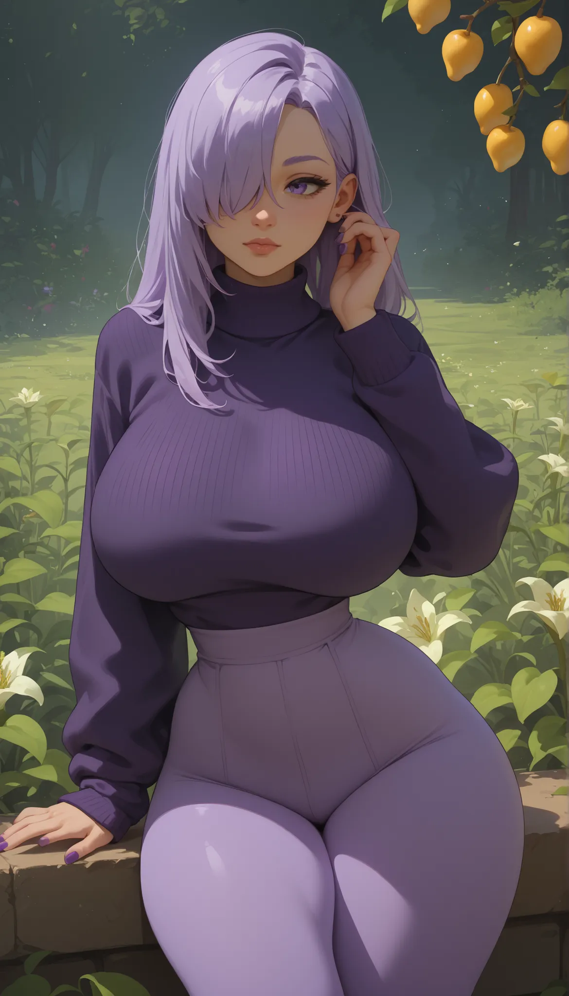 Lily, LilyDuolingo, girl, light purple hair, hair over one eye, purple nails, thin waist, petite, purple sweater, purple leggings, huge breasts, thick thighs, wide curvy hips, pear shaped figure, bending forword, fingers on front hair