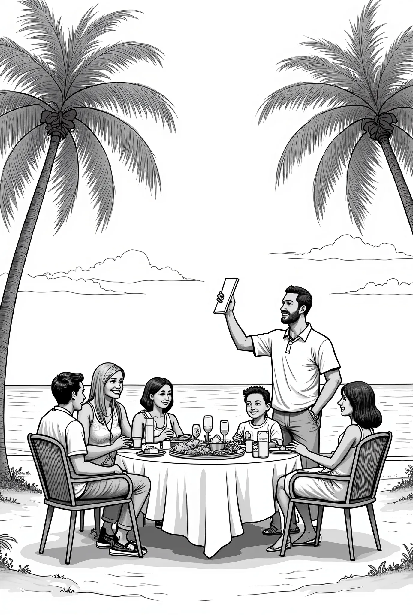A family gathers at an outdoor dining table for a meal by the beach. The setting is idyllic, with palm trees waving gently on the shoreline and a few fluffy clouds dotting the sky. The group consists of two adults, two s , and an elder, all comfortably sea...