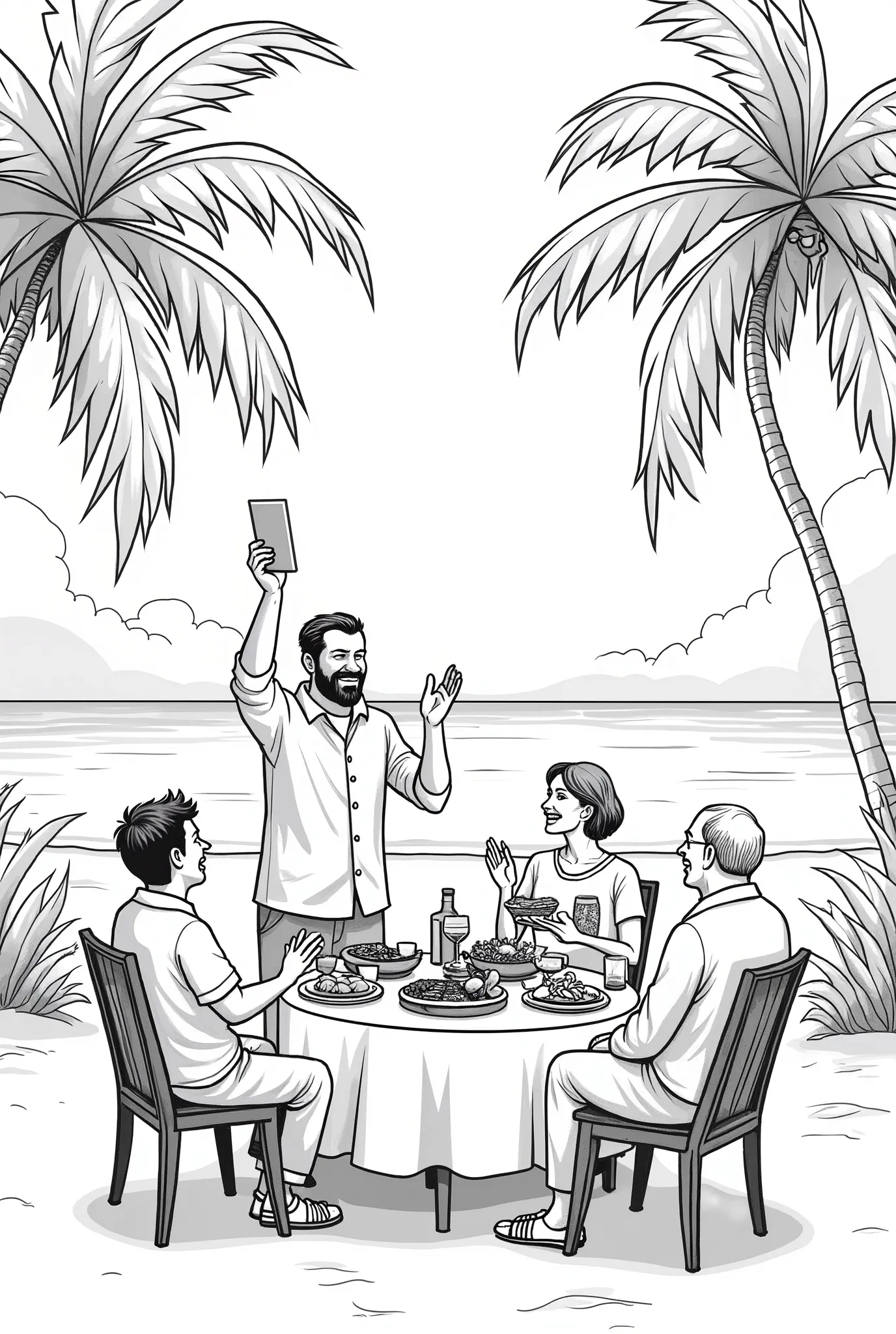 A family gathers at an outdoor dining table for a meal by the beach. The setting is idyllic, with palm trees waving gently on the shoreline and a few fluffy clouds dotting the sky. The group consists of two adults, two s , and an elder, all comfortably sea...