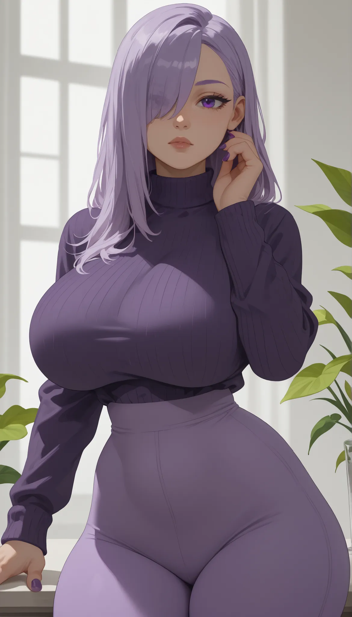 Lily, LilyDuolingo, girl, light purple hair, hair over one eye, purple eyes shadow, purple nails, thin waist, petite, purple sweater, purple leggings, huge breasts, thick thighs, wide curvy hips, hour glass figure, bending forword, fingers on front hair, i...