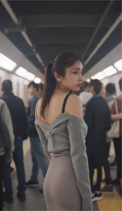 (((masterpiece, best quality, ultra detailed, beautiful, 8K, photorealistic))), (((a girl, nervous, frowning, standing, looking to the right, long hair, ponytail, black hair, skinny, beautiful breasts, off shoulder top, skirt, earrings))), ((cowboy shot:1....