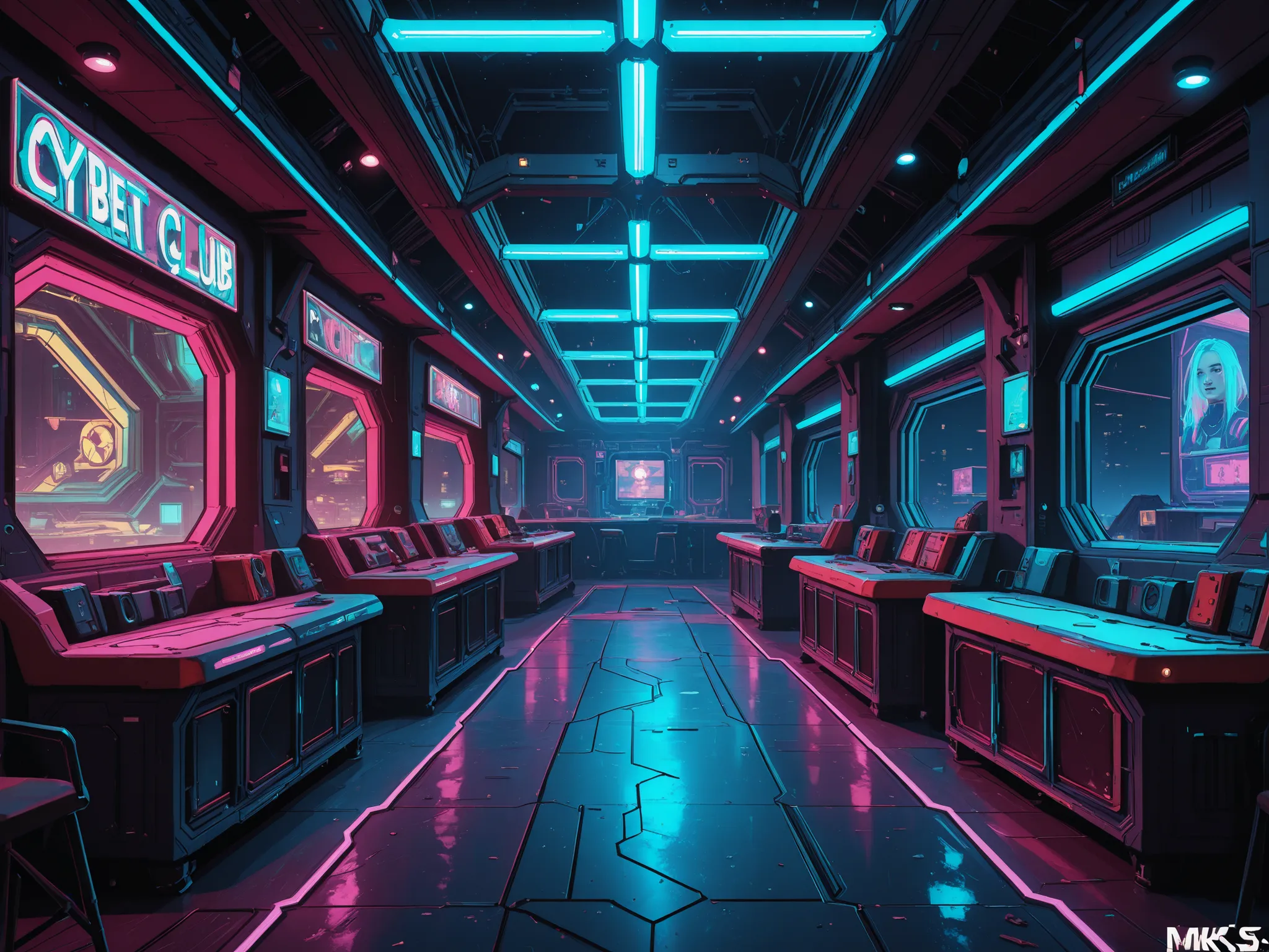 Conceptart,Concept Art,Samia, room, scenery, cyberpunk is coming, indoors, cyberpunk fight club, interior lights, night, wall decorations, cyberpunk style decorations, floor decorations, mksks style, dark style, undergroud fight pit, best quality, perfect