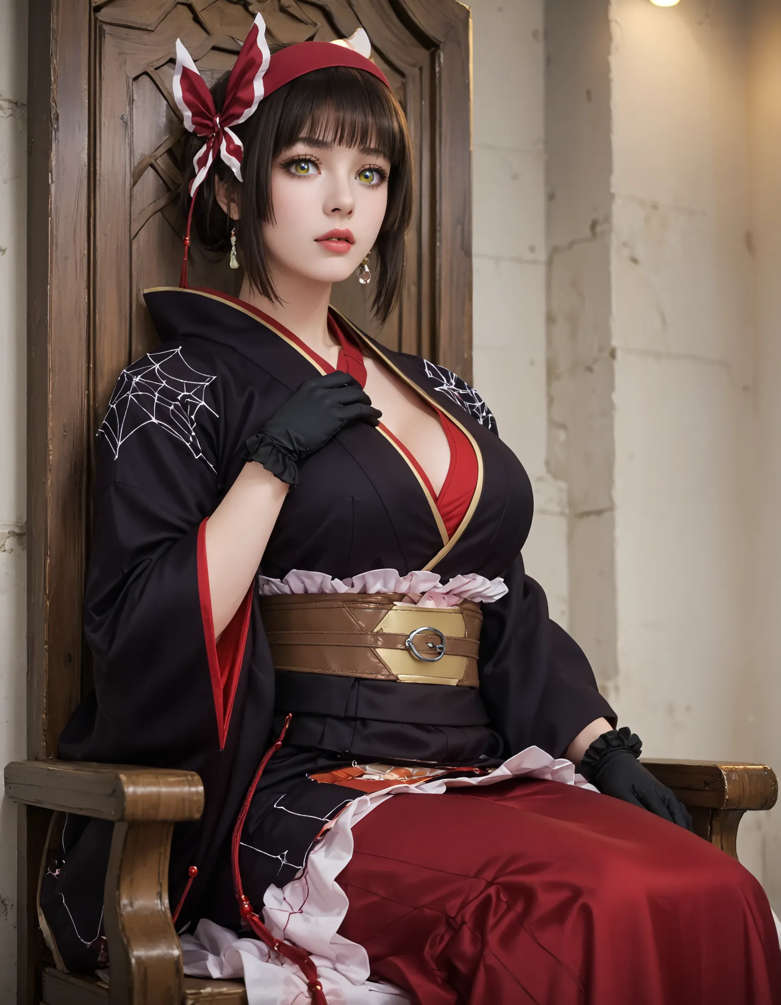 Score_PnyReal,BREAK,1girl, solo, (huge breasts,large breasts:1.2),long eyelashes,thick_lips,(PDXL2:1.5), headband,kimono,obi,gloves ,tsukimio,yellow eyes,black hair,1girl in full growth, ,  sitting high on a throne, regal expression, long elegant hair, tas...