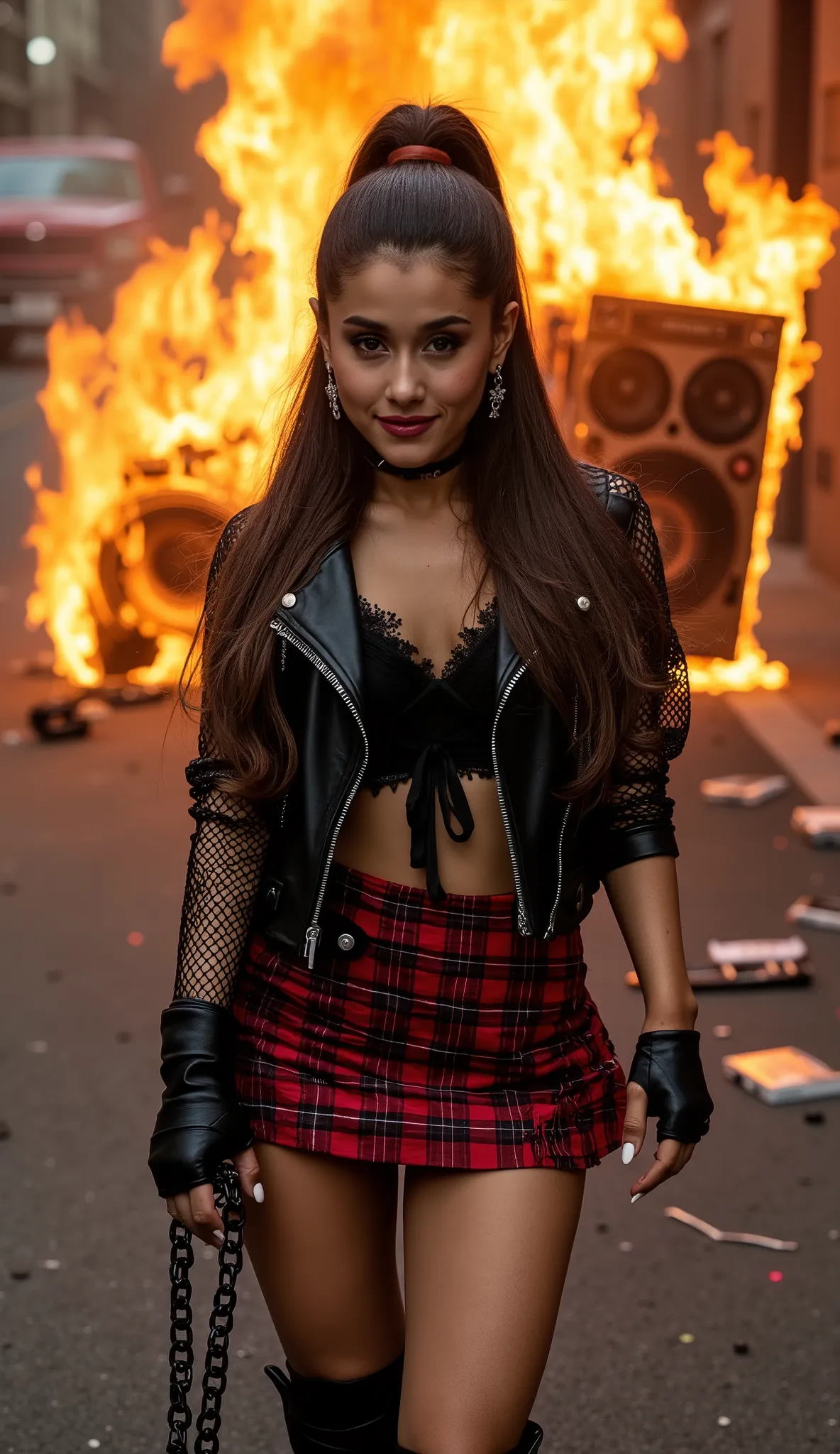 Extreme close-up, medium shot (from waist up) of a stunning model, smirking with a wicked grin at the viewer. She wears a fishnet jacket with a ripped black tee tied under her bust, a red/black tartan mini skirt, ripped fishnets, and fingerless leather glo...