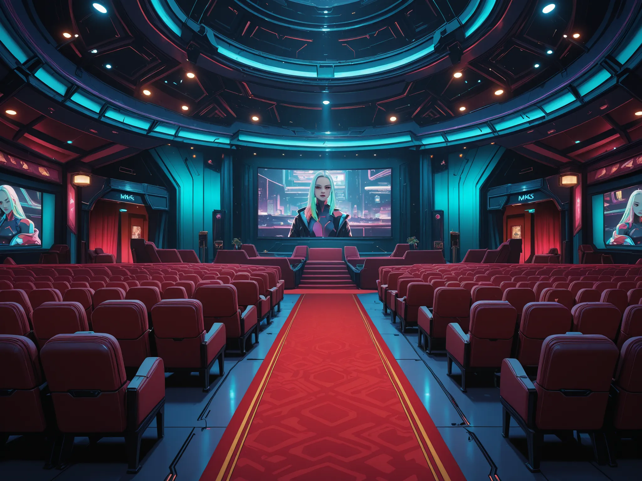 Conceptart,Concept Art,Samia, room, scenery, \(cyberpunk is coming\), indoors, \(cyberpunk luxury hall\), Theater, theater hall, chairs, interior bright lights, red carpet, mksks style, luxury red and gold style, best quality, perfect