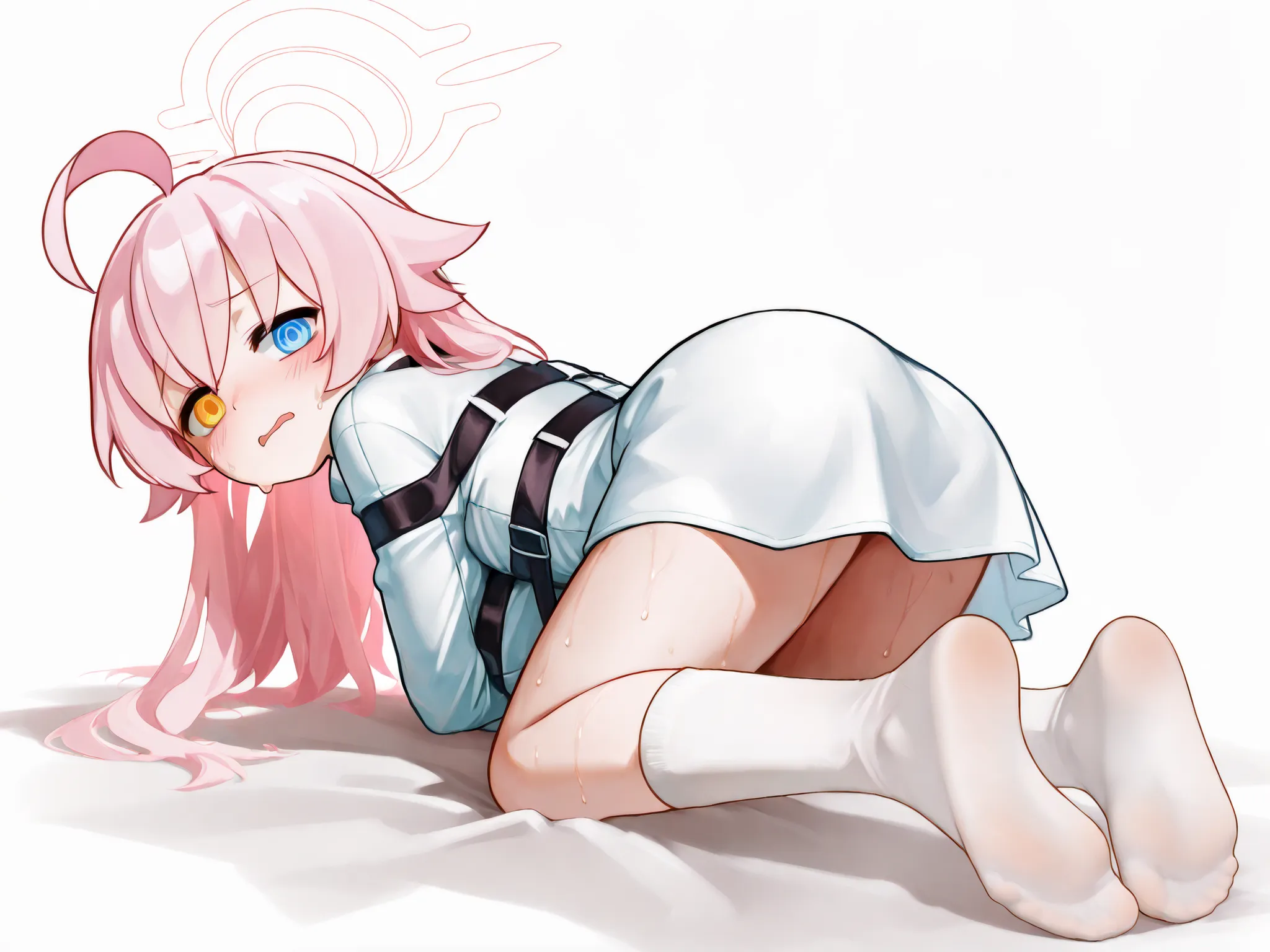 Masterpiece,high quality,best quality,high quality,((Soles))，white socks，Confuse，blush， straitjacket，sweat，vapours，hoshino，Halo，Pink Hair，Soles正对着，amazing quality，High resolution，long hair，heterochromatic eyes，anxiety