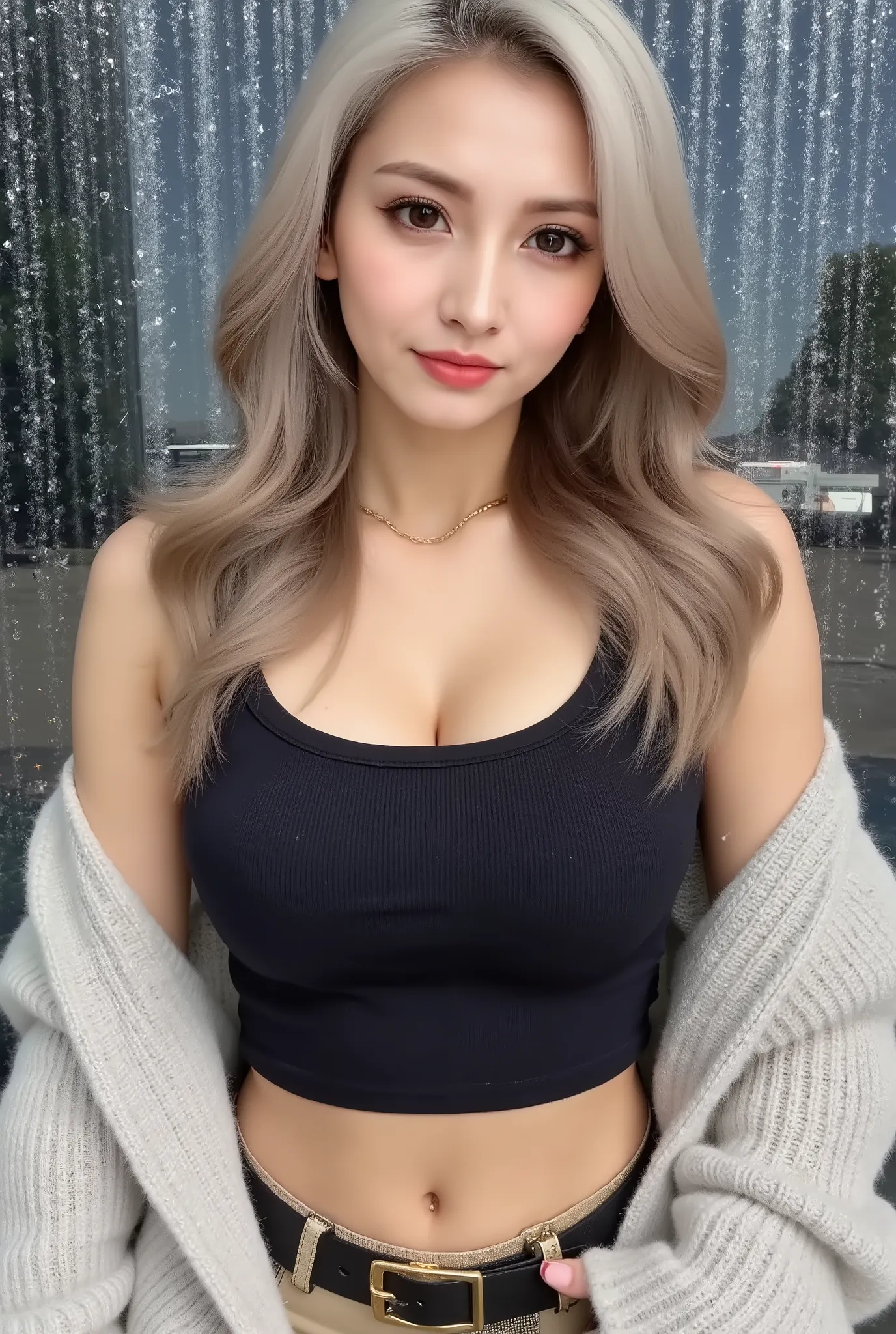 Cool Beauty, blonde, shiny, silky, wavy long hair,passionate and explicit, charming eyes, Transcendental Style , wearing a black wide crop top with open shoulders and an oversized knit, fluffy, girly sweater, Burberry check flared skirt, black thigh high ...