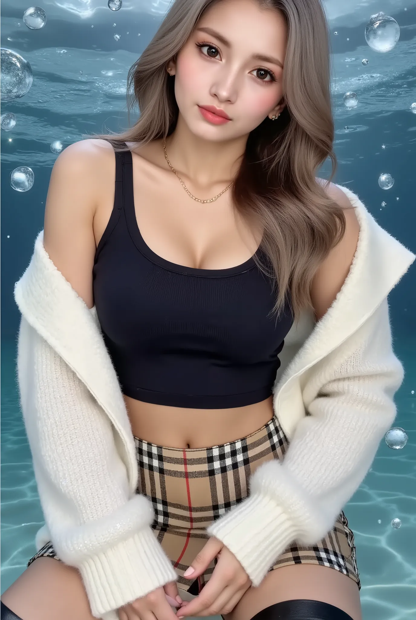 Cool Beauty, blonde, shiny, silky, wavy long hair,passionate and explicit, charming eyes, Transcendental Style , wearing a black wide crop top with open shoulders and an oversized knit, fluffy, girly sweater, Burberry check flared skirt, black thigh high ...