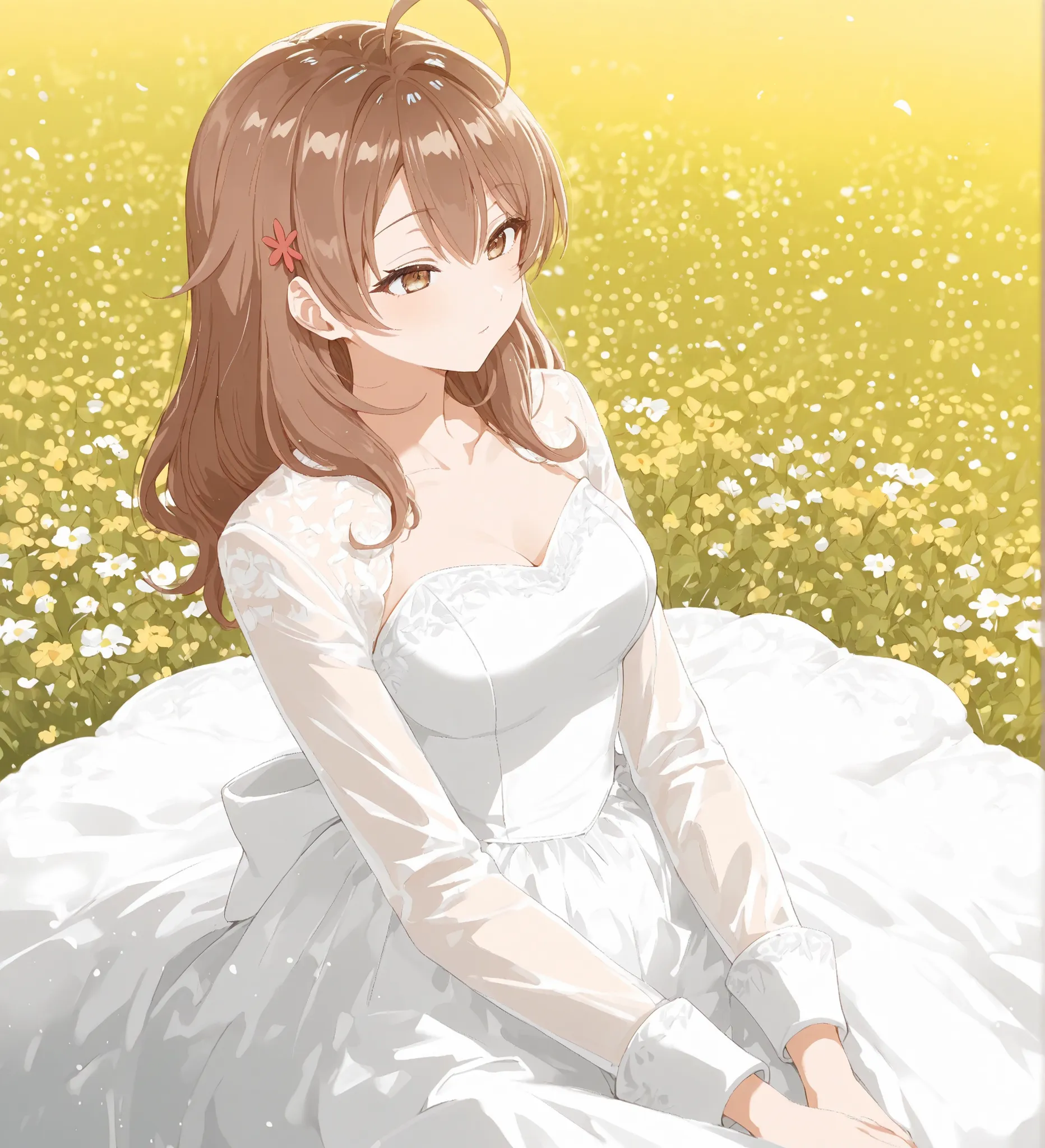 Masterpiece, best quality, absurd, asthetic,Maria Mikhailovna Kujou, Brown hair, long hair, brown eyes, hair hair ornament, ahoge, medium shot, wearing wedding dress,in field full of flowers 
