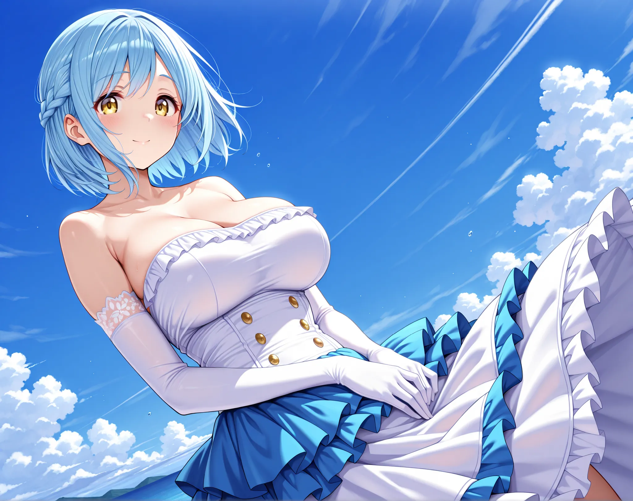 solo,masterpiece,best quality, amazing quality, highres, absurdres, very aesthetic, high resolution, ultra detailed, perfect details,nijimoira,large breasts,yellow eyes,blue hair,round face,tareme,short hair,french braid,white dress,long dress,frills,frill...