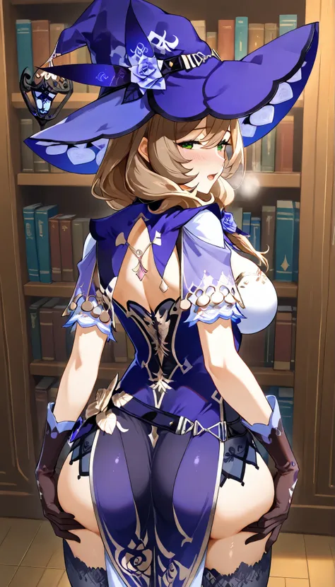 A female, SOLO, light brown hair, curly hair, Green eyes, Purple witch hat,Purple witch dress,Brown gloves, Black Silk Stocking, vision_\(genshin_impact\), large breasts,Meetingroom,absurdres, highres,UHD, anatomically correct , Lisa_\(genshin_impact\),In ...