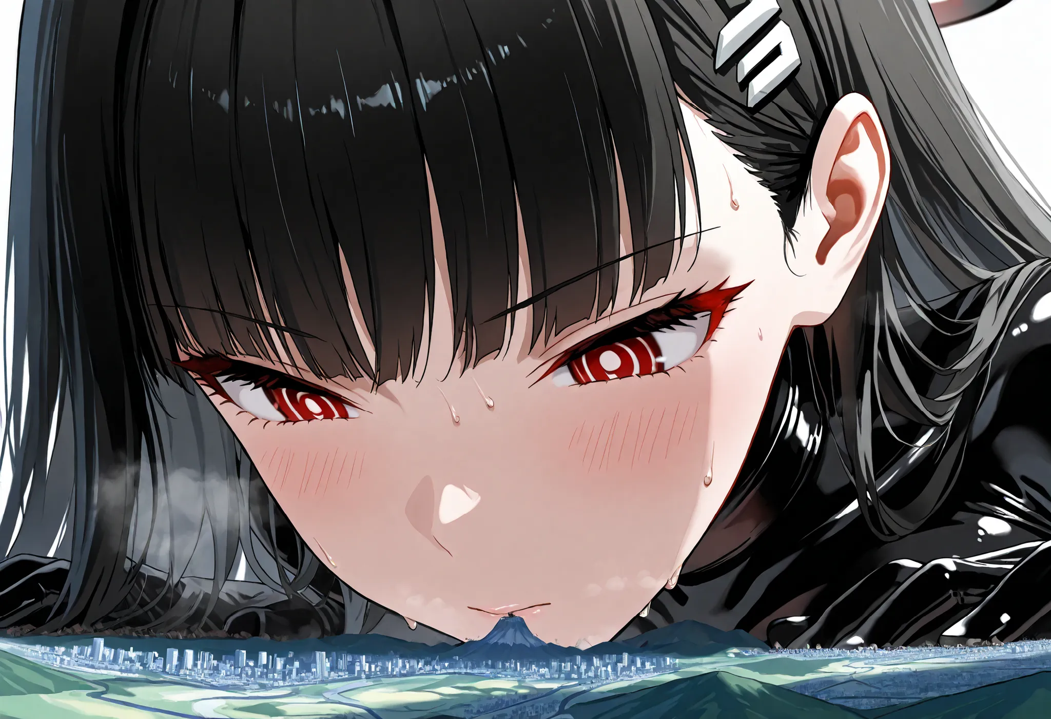 (masterpiece, Highest quality, Ultra-high resolution), 1girl, rio, black hair, red eyes, hair ornament, hairclip, halo, long hair, long hair, (black latex bodysuit), cyber bodysuit, sweat, steamy, glossy skin , shiny skin , glistening skin, Macro, Giantes...
