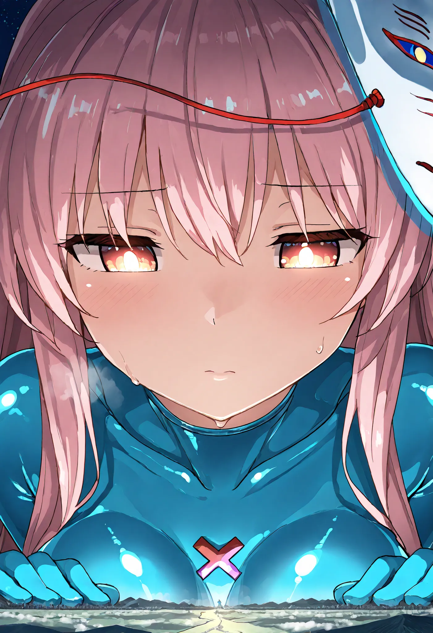 (masterpiece, Highest quality, Ultra-high resolution), 1girl, Hata no Kokoro, fox mask, (blue latex bodysuit), sweat, steamy, glossy skin , shiny skin , glistening skin, Macro, Giantess, Landscape, Aerial Perspective, night, cool backlight, close up, focus...