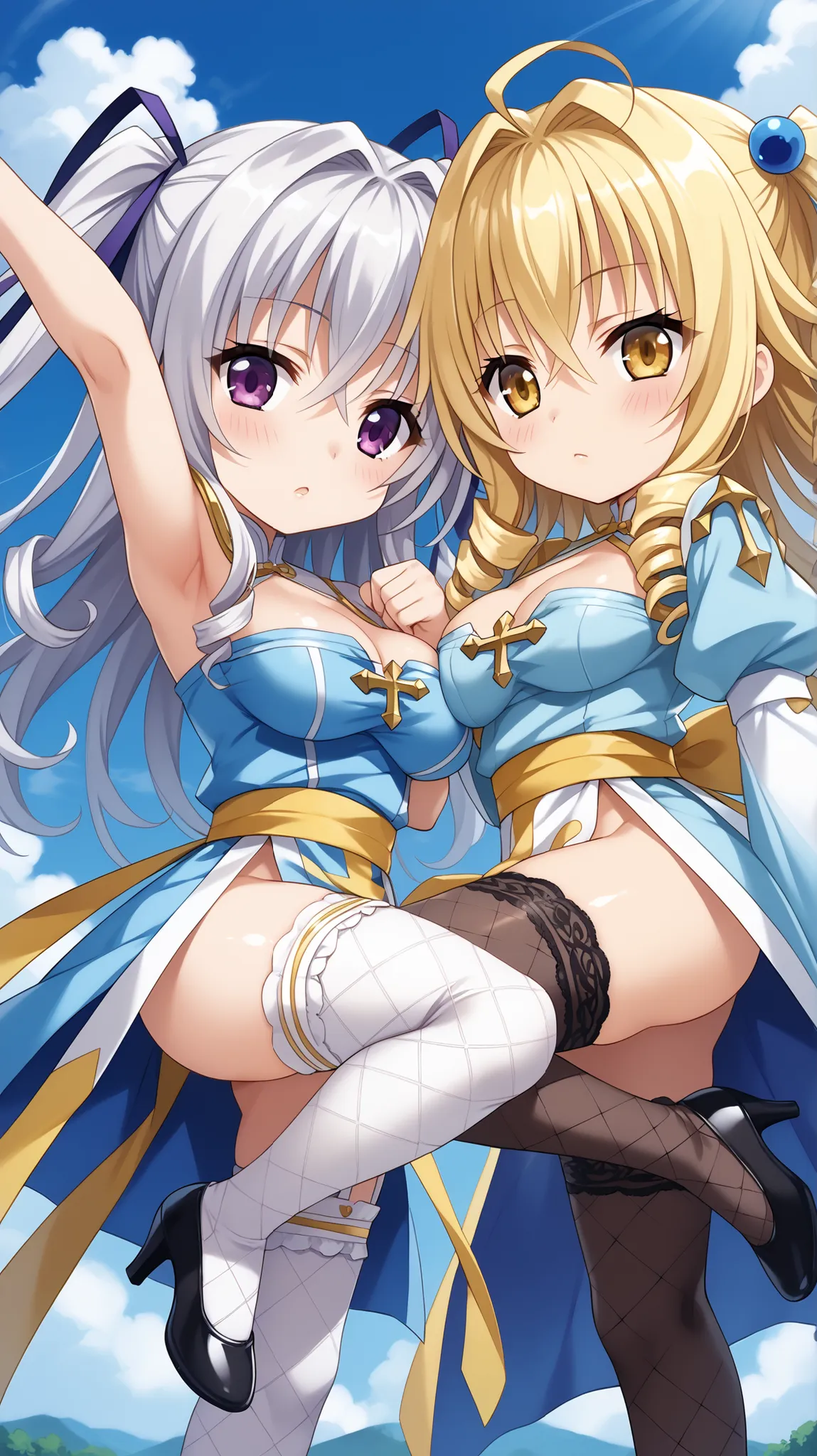 ((score_9)),(chibi),(((two girls))),(((symmetric))),absurdres,highres,ultra detailed,(Precise and unmatched illustrations),dynamic pose,dynamic angle,[full body],zettai ryouiki,(naughty),slim,(large breasts),blonde shiny hair,silver hair,detailed face,yell...