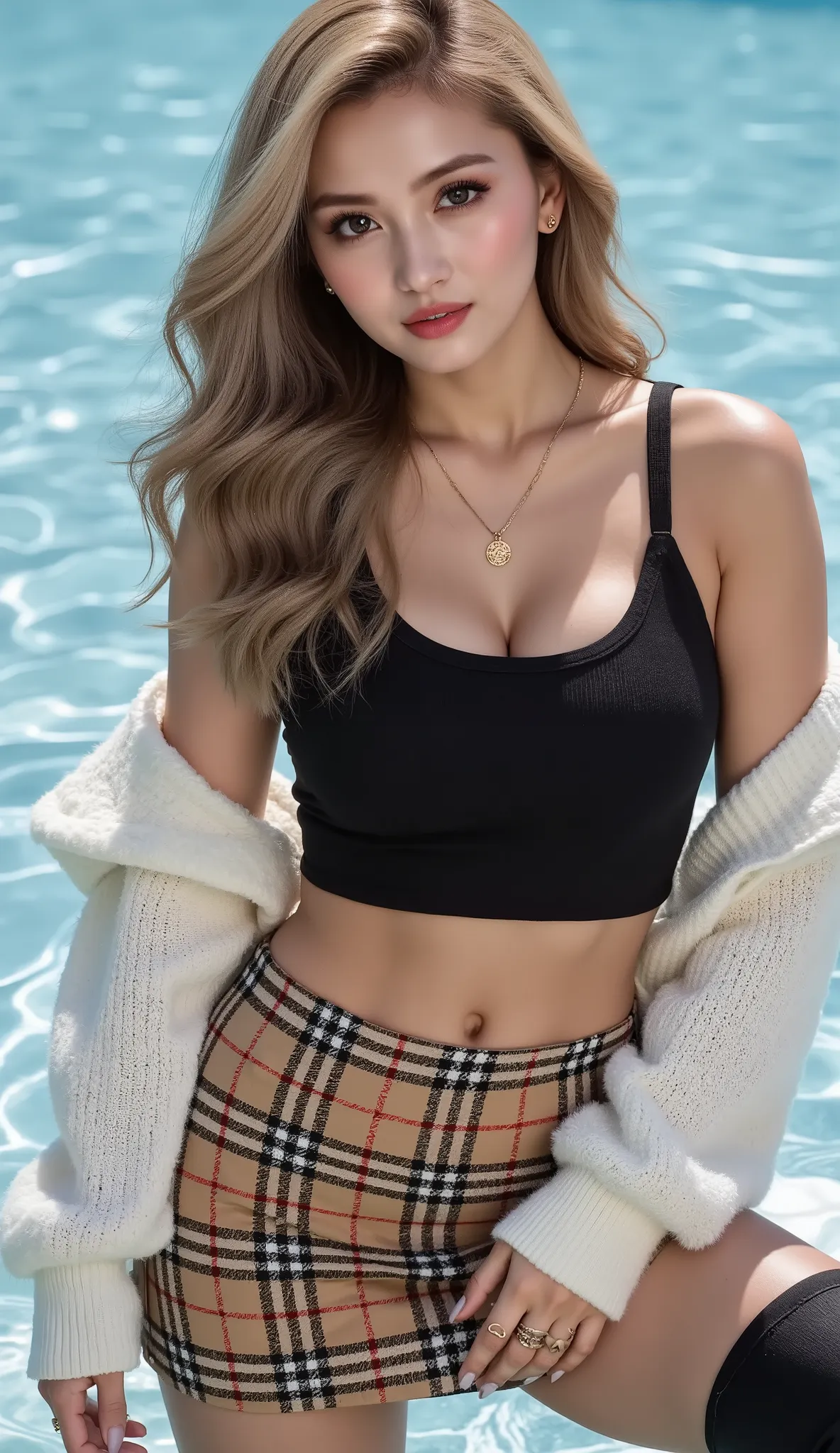 Cool Beauty, blonde, shiny, silky, wavy long hair,passionate and explicit, charming eyes, Transcendental Style , Big breasts:Gcap,necklace,piercings,decoration nail,ring,wearing a black wide crop top with open shoulders and an oversized knit, fluffy, girly...