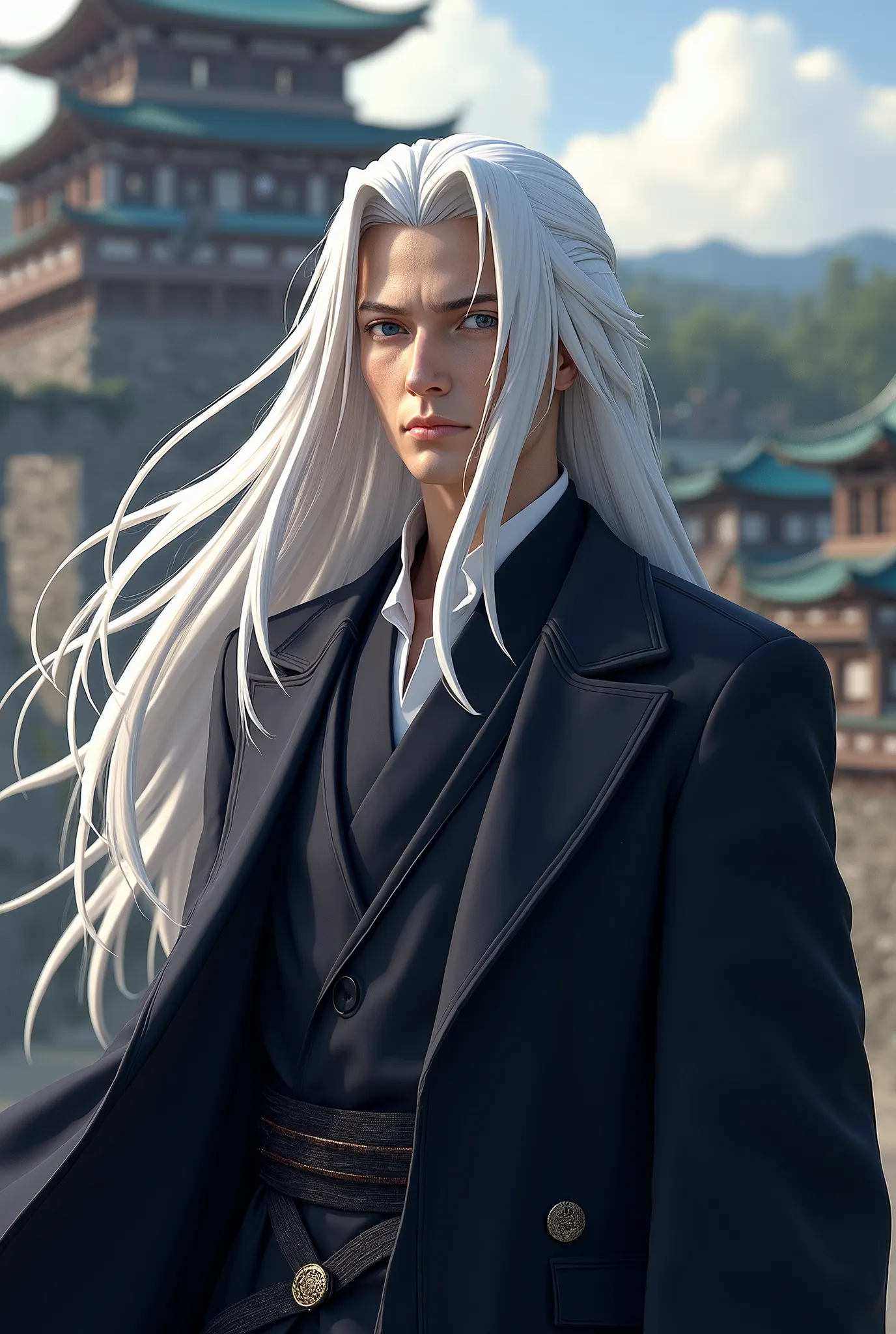 Jūshirō Ukitake the captain of the 13th Division in the Gotei 13, hyper-realistic, realistic long white hair, realistic skin texture, realistic anatomy, realistic light, realistic suit texture, gotei castle as background.