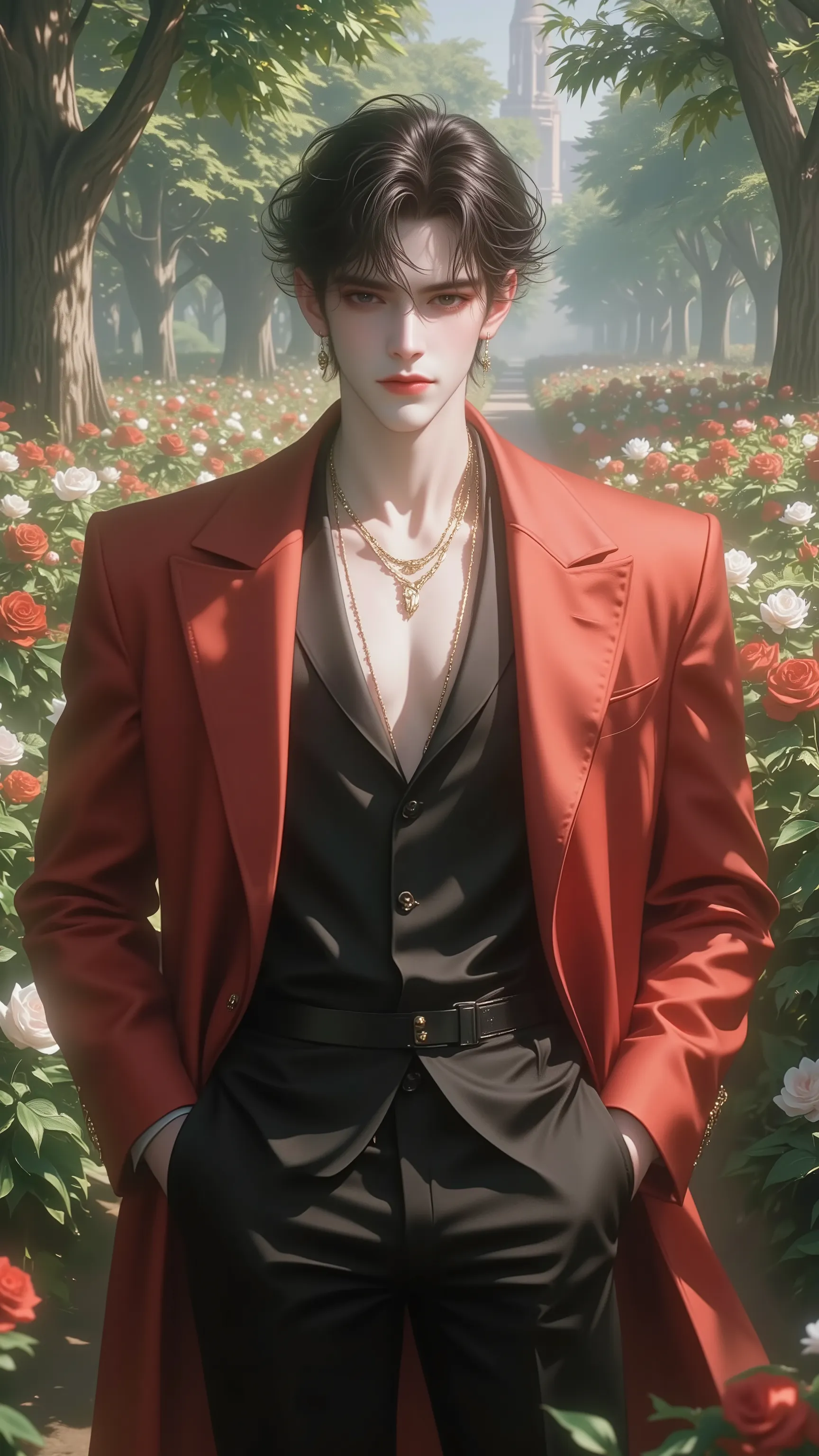 The park,is full of flowers,Half-length portrait,Half-length portrait,wearing a red coat, prince's clothes。HD Contour,Messy Hair,Looks Extraordinary,Underwear is a suit,The crisp uniforms show extraordinary demeanor,The necklace around the neck is low-key ...