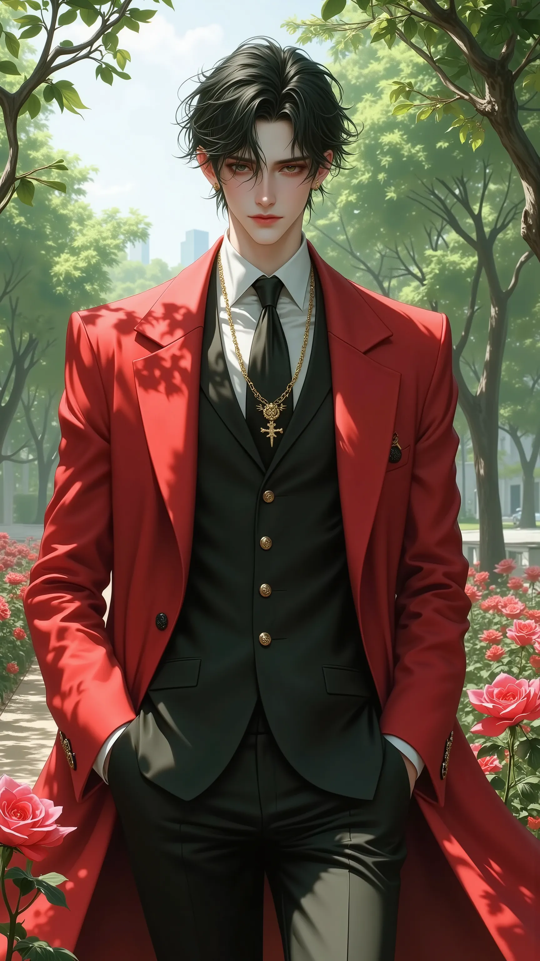 The park,is full of flowers,Half-length portrait,Half-length portrait,wearing a red coat, prince's clothes。manga style,HD Contour,Messy Hair,Looks Extraordinary,Underwear is a suit,The crisp uniforms show extraordinary demeanor,The necklace around the neck...