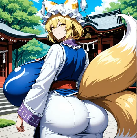 High quality, Ran Yakumo, fox tail, Touhou project, milf, gigantic breasts, short blonde hair, golden eye, big ass, smile, detailed background, shrine 