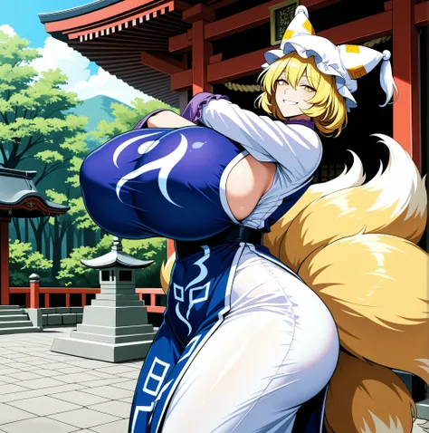 High quality, Ran Yakumo, fox tail, Touhou project, milf, gigantic breasts, short blonde hair, golden eye, big ass, smile, detailed background, shrine 