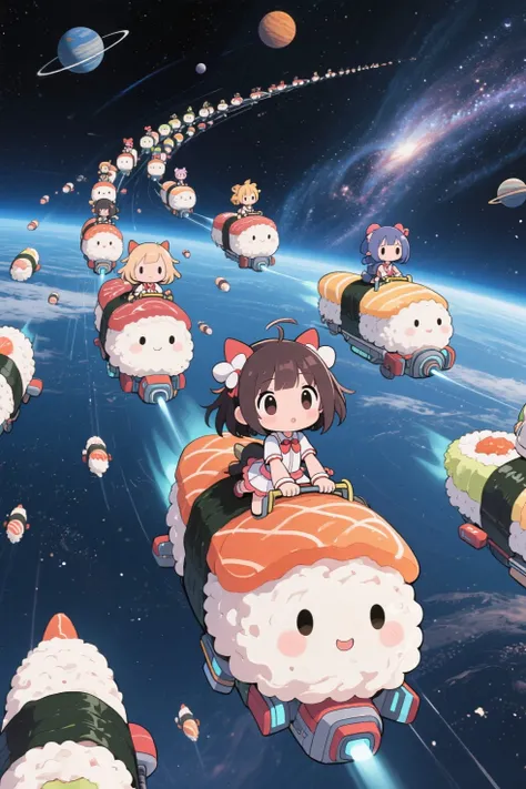 cute chibi animation, space adventure, Anime characters are riding on each large sushi, fleet collection style, in space , Large convoy of sushi shaped spacecraft, amazing view of vast space with planets and milky way, chibi anime girl on the sushi, in intergalactic japan, cute artwork , Anime Style Illustration,  anime graphic illustration, Anime Fantasy Illustration, 
