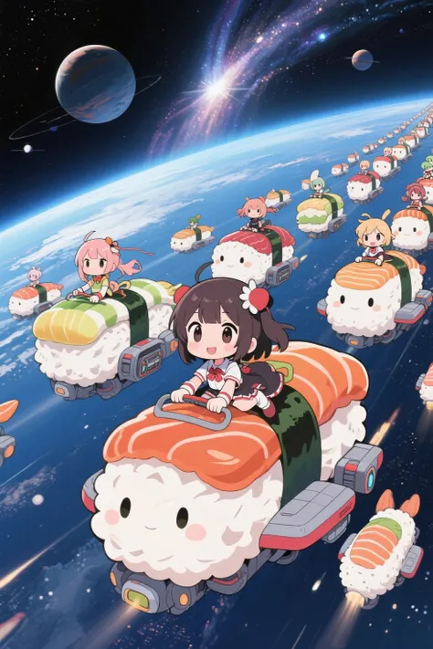 cute chibi animation, space adventure, Anime characters are riding on each large sushi, fleet collection style, in space , Large convoy of sushi shaped spacecraft, amazing view of vast space with planets and milky way, chibi anime girl on the sushi, in intergalactic japan, cute artwork , Anime Style Illustration,  anime graphic illustration, Anime Fantasy Illustration, 
