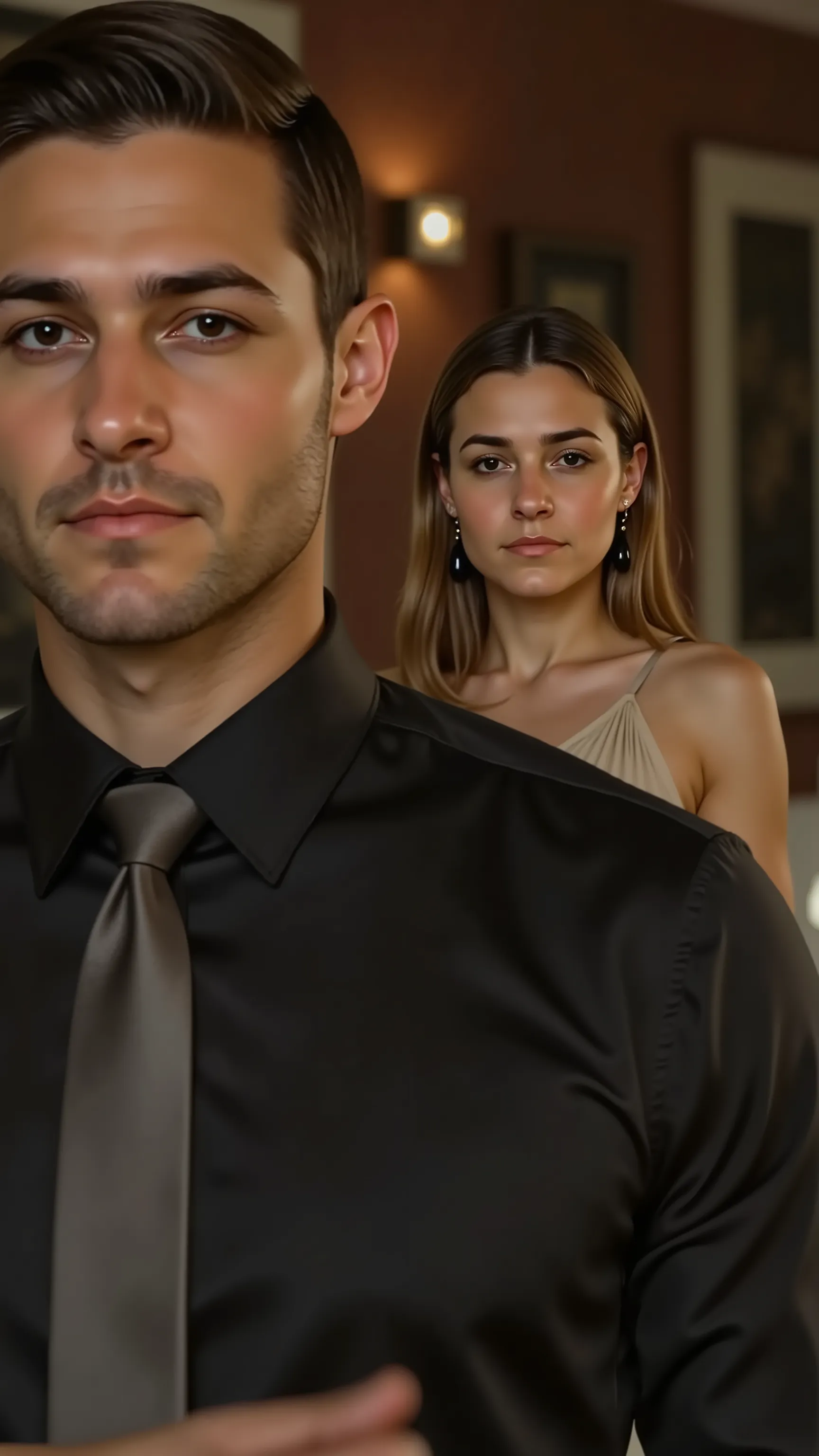 A composition with two characters both facing directly toward the camera in a bright, predominantly white interior setting. In the foreground on the left side stands a 30-year-old muscular male (Character 3) with black short hair, side-parted pompadour sty...