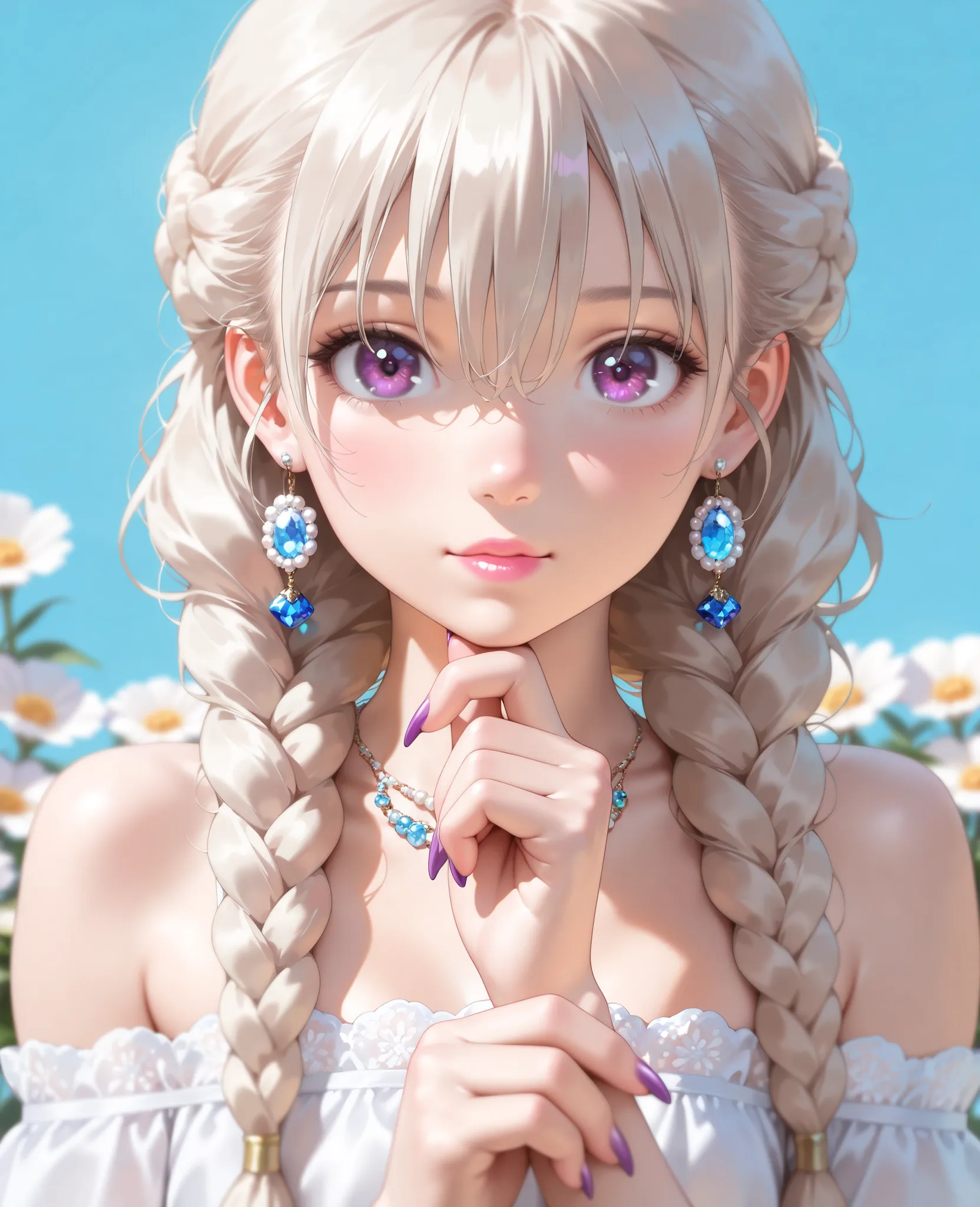 masterpiece, Best Quality, Ultra high resolution, 8K Ultra HD, (Photorealistic:0.4), super definition,depth of field, solo,1 girl,watching viewers,bungs,platinum blonde hair,Long Hair,braids,hair between the eyes,(Elf Ears:0.6),Pastel Blue Background,Backg...