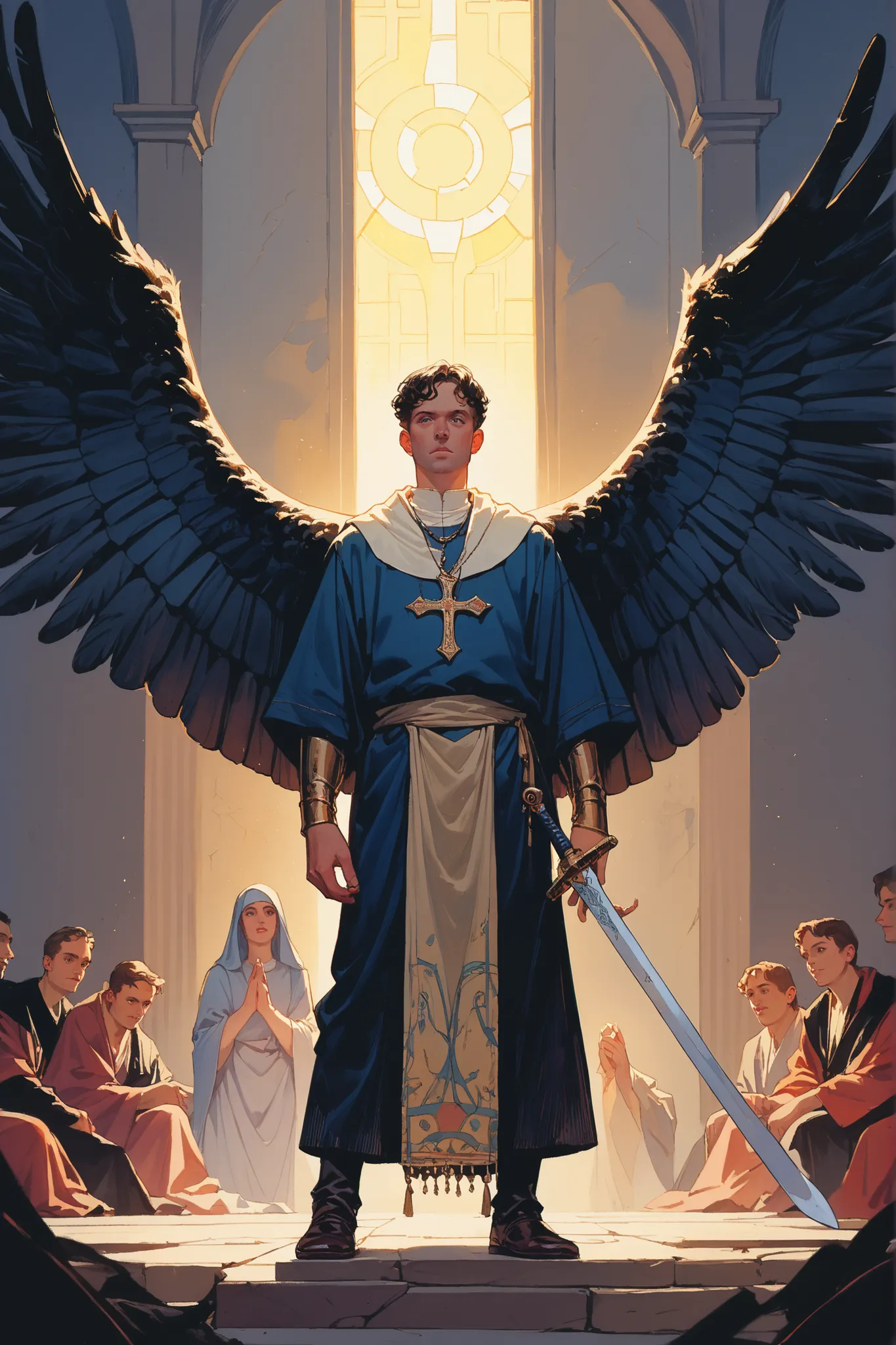 Masterpiece, overlays of Digital artwork, classical full-body painting figure, A powerful male angel in a dynamic pose, dark hair, highly detailed anatomy, holding a sword, large majestic black wings spread, intense chiaroscuro lighting, traditional painti...