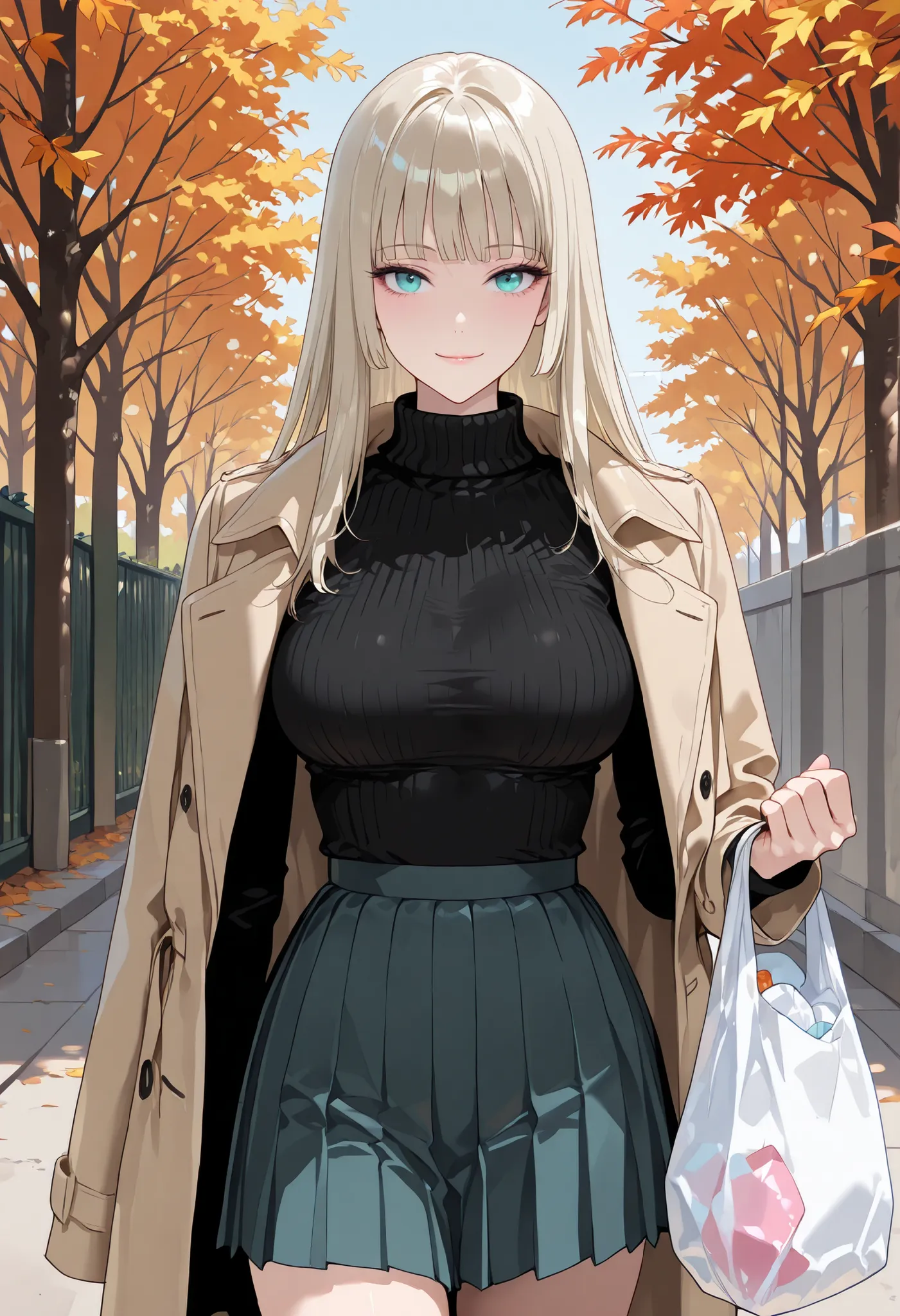 high res image, Beautiful girl with slim body, (masterpiece, detailed:1.2), (1girl:1.4), (beige hair, long straight hair, blunt bangs), (dynamic poses), looking at viewer, (blushed, light smile), (turquoise eyes, eyelashes, detailed eyes), Beautiful eyes, ...
