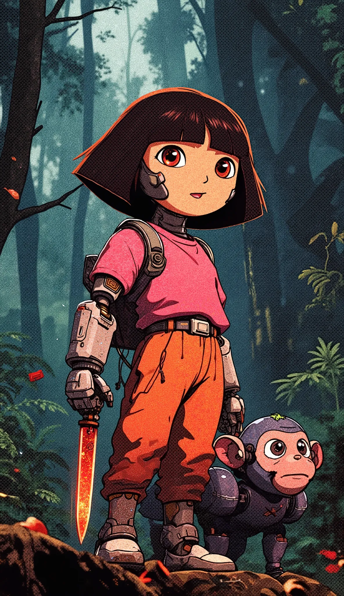 Ultra-realistic image of a partially robotic version of Dora the Explorer, standing in the middle of a dark and humid jungle, holding an electric military knife . Su The face retains the proportions of the original character: cara redonda, big eyes, short ...