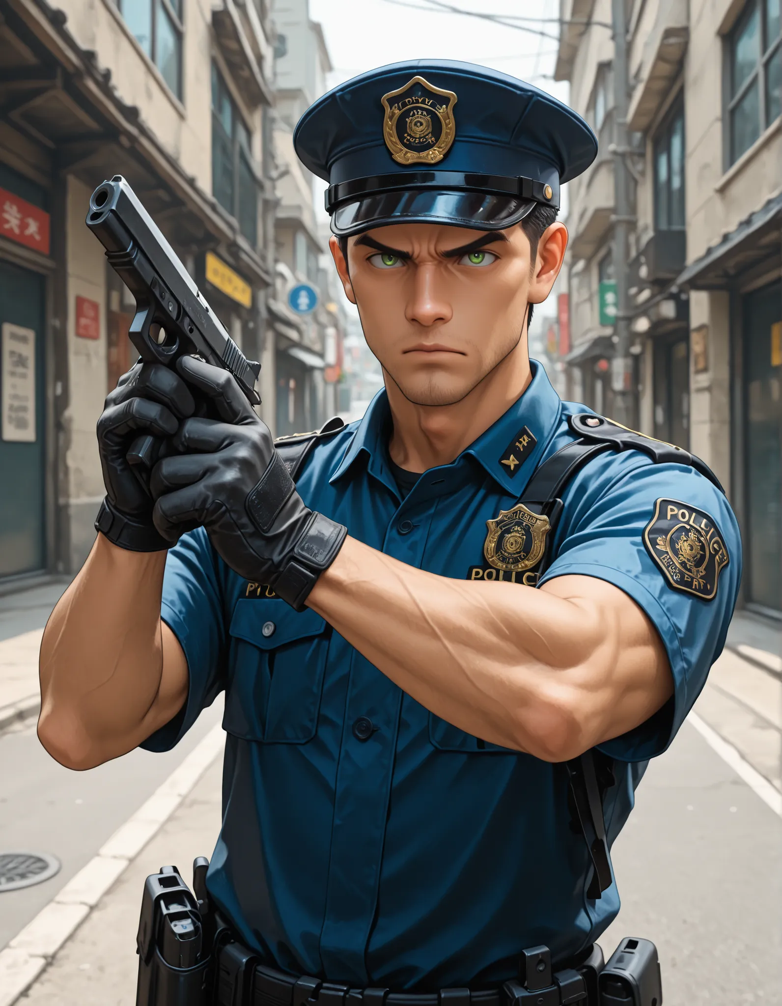 masterpiece, highly detailed, best quality, 4k, 1boy, college-aged male, male focus, routine patrol, Japanese Police officer, single-hand pistol, (GLOCKG:1), Tokyo street, serious expression, solo, solo focus, black hair, green eyes, tactical gloves