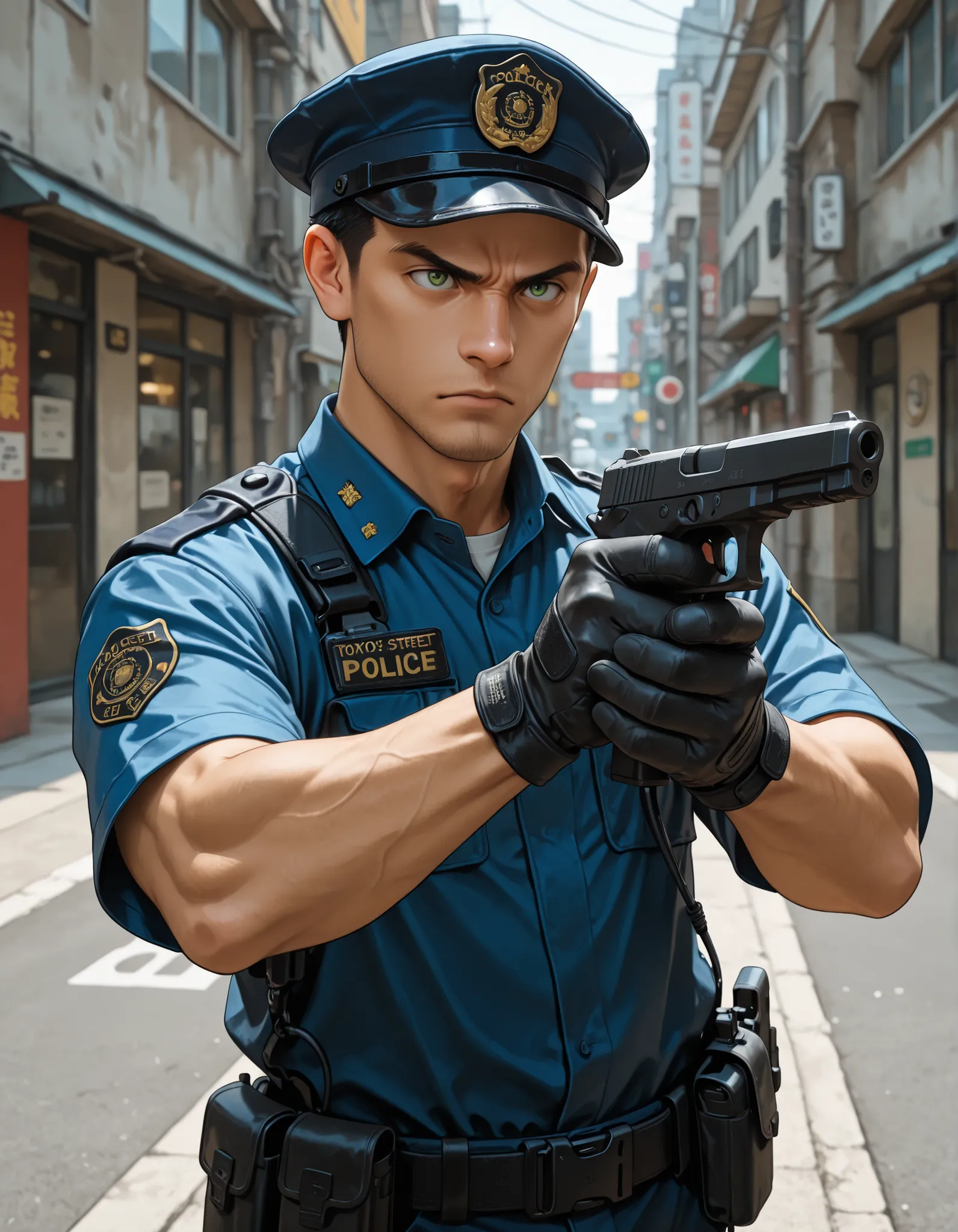 masterpiece, highly detailed, best quality, 4k, 1boy, college-aged male, male focus, routine patrol, Japanese Police officer, single-hand pistol, (GLOCKG:1), Tokyo street, serious expression, solo, solo focus, black hair, green eyes, tactical gloves